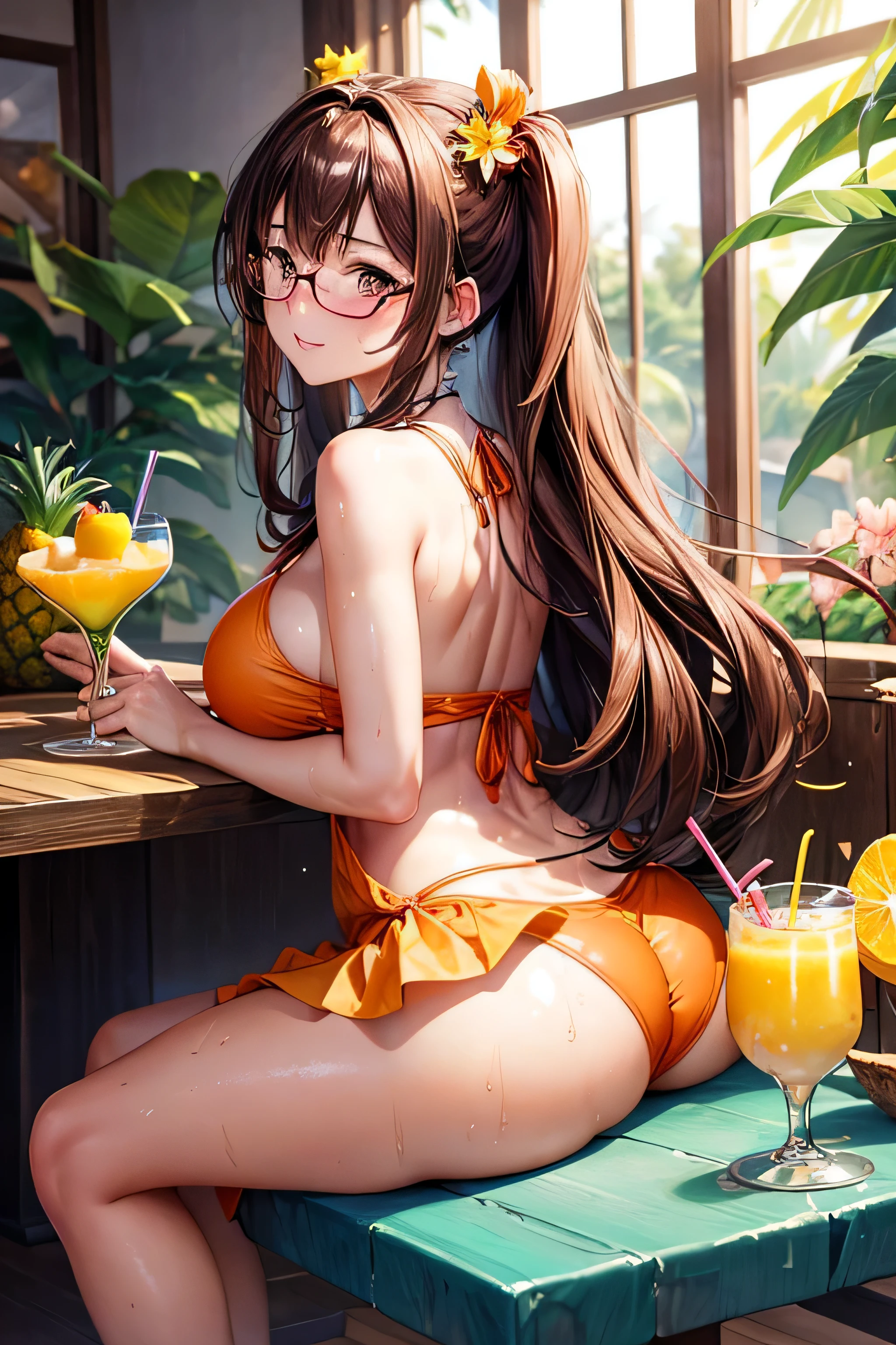 High resolution, high quality, 1 girl, Anime Girls, [[During pregnancy]],Brown long hair, Brown eyes, Pink Glasses,heart shaped pupils,Sunburned skin, Large Breasts,beautiful breasts,pointy breasts,(Big Ass),beautiful ass,Embarrassed,sundress,sweat,wet,sitting,open legs,cherryblossom,at cafe,(lemon juice),(orange juice),(Pineapple juice),(Mango juice),(water),