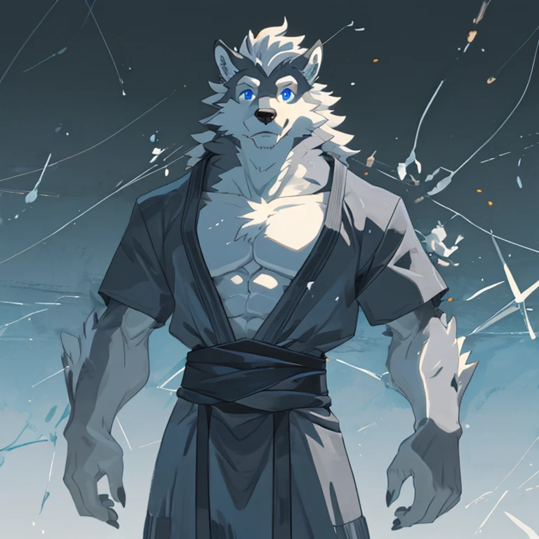 White and gray wolf illustration、Professional Technology、pelaje suave y esponjoso 、pelo no tan largo de color gris con un mechon blanco、Blue eyes、normal physique、edad19、ojos pesados、cola larga y esponjosa 、sin ropa alguna 、Illustration of only the upper body from the waist up.without any clothes (desnudo) garabatear