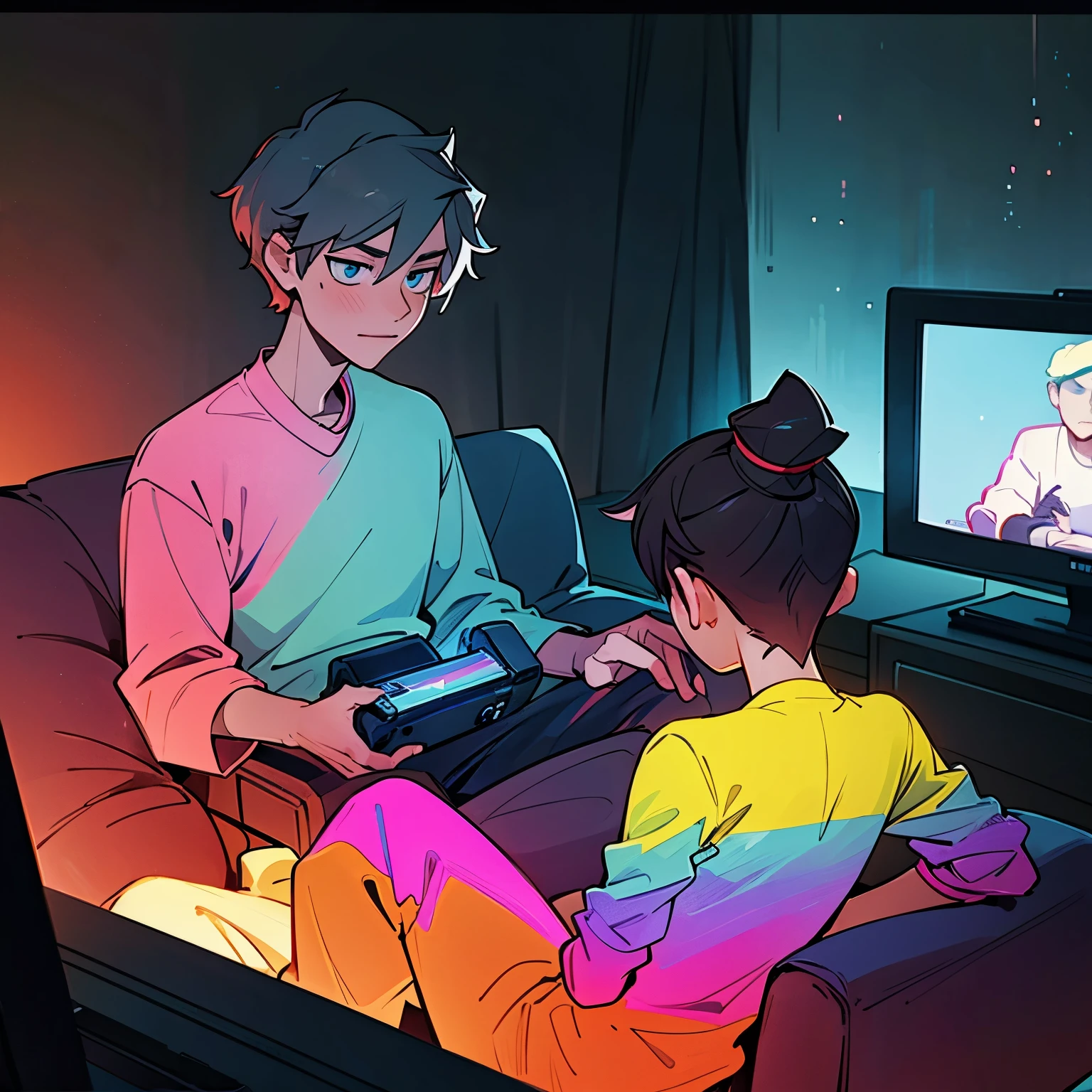 gay couple, sitting on couch, playing Nintendo switch, dark room with tv screen lighting it up, two men, couple