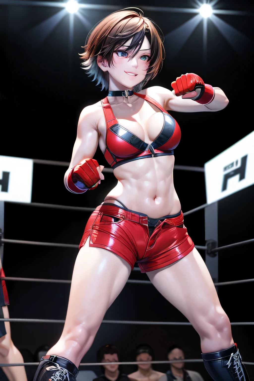 1girl,18yo,perfect hands, perfect finger,perfect anatomy,masterpiece, best quality,realistic, hyperrealistic, 16k hdr,,HINOMOTO_REIKO,large BREASTS,SHORT HAIR,BLACK HAIR,NAVEL, CLEAVAGE, BROWN EYES,BOOTS,CHOKER,MIDRIFF, FINGERLESS GLOVES,(RED SHORT SHORTS,red bra),(boxing ring,spot light),(fighting pose:1.2),dynamic pose,dynamic angle,smile,,from below