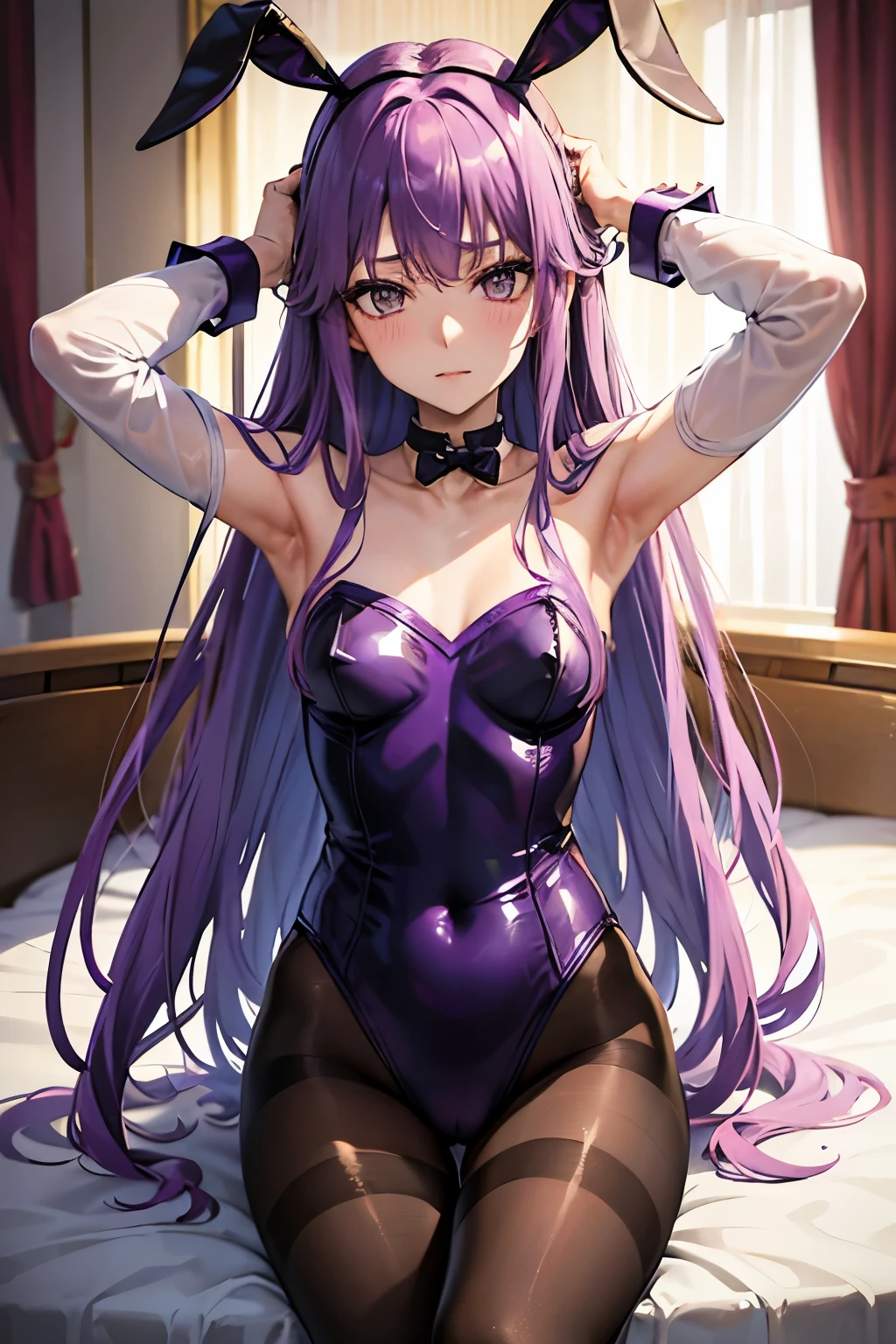 Medusa、fate、Purple Hair、Long Hair、((pantyhose))、Photo from below、Medium chest、Bedroom、Bunny girlの耳、((Bunny girl))、Place your hands behind your head.