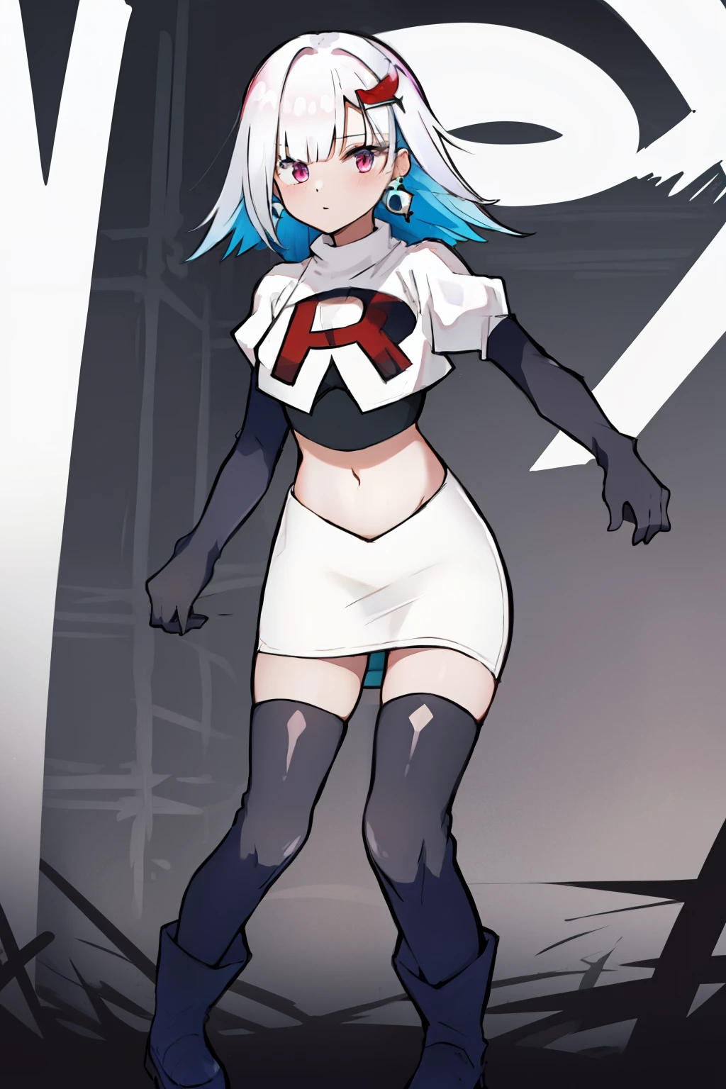 1 girl, alone ,hair covers one eye, hair ornaments ,earrings ,team rocket,team rocket uniform,white skirt,red letter R,crop top,black thigh-highs,black elbow gloves