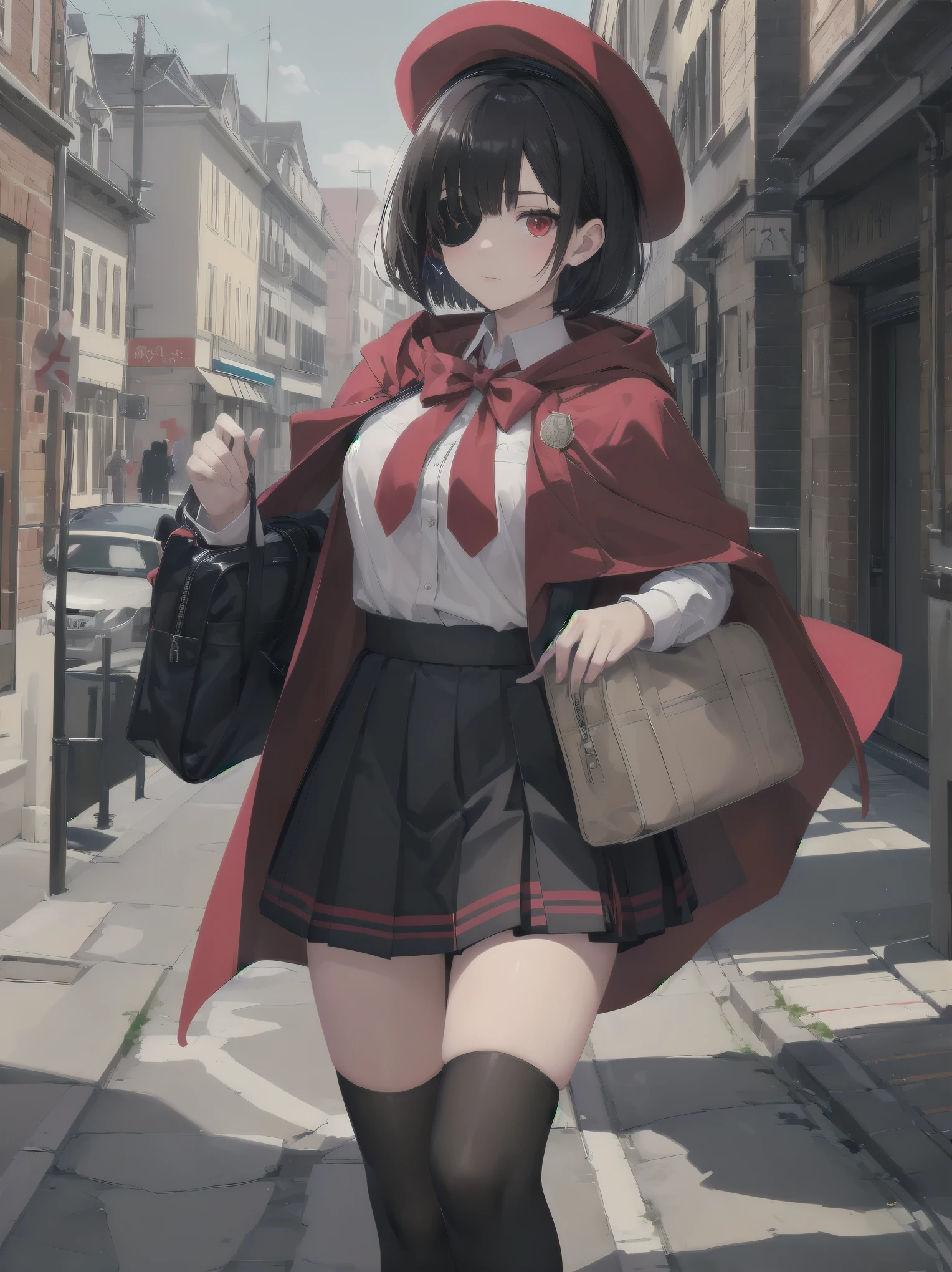 Masterpiece, top quality, super detailed, 16k,
One girl, spring, high school, warm colors, school bag, accurate and highly detailed background, flock of schoolgirls in uniforms of various body shapes and hairstyles, cute.
Blake.
Black hair with a short bob cut with bangs, big red eyes, black cloak, red miniskirt, black pointy hat, and wizard-like outfit.
Robe, cane, eyepatch over left eye,