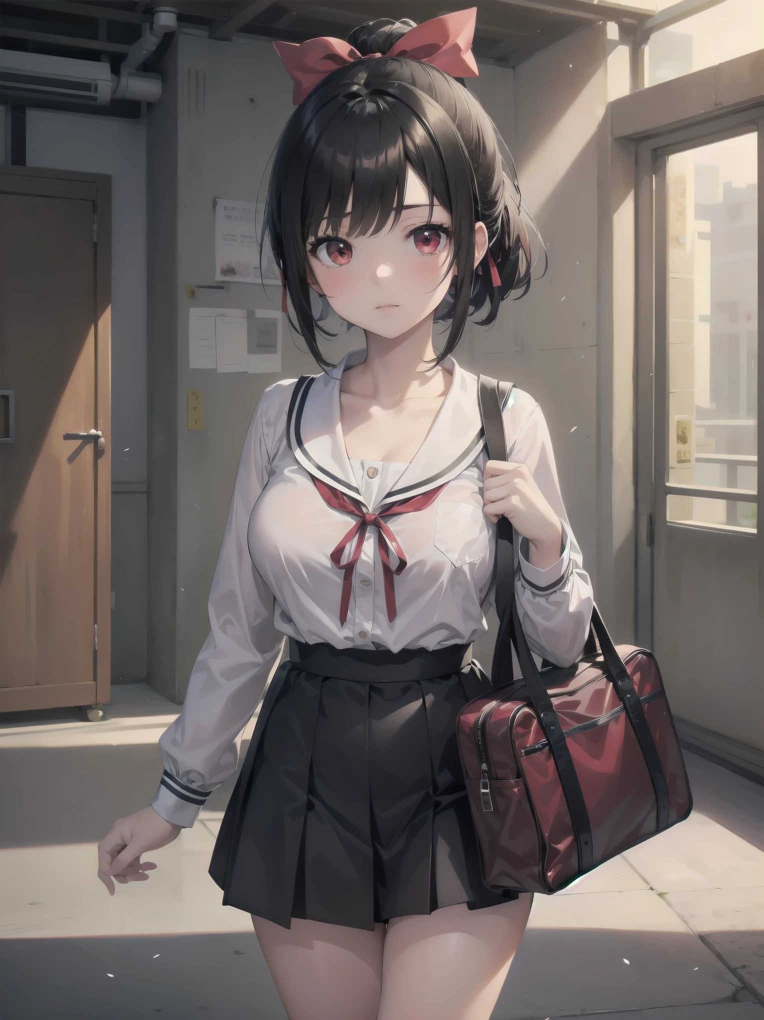 Masterpiece, top quality, super detailed, 16k, One girl, spring, high school, warm colors, school bag, accurate and highly detailed background, flock of schoolgirls in uniforms of various body shapes and hairstyles, cute. Blake. kaguya shinomiya, red eyes, black hair, ribbon, red ribbon, hair ribbon, parted bangs, folded ponytail, , shuuchiin academy , dress, sidelocks, breasts, black dress, collarbone, short hair, long sleeves