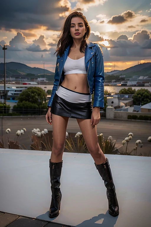 Beautiful slim woman on tight low rise mini skirt, ((red lips)),(((no tights))), short leather jacket, short jacket, white tank top, ((blue mini skirt)),  ((white underpants)),((white thongs)), (((no background))), front shot, slim waist, slim legs, thigh gap, blue short jacket, ((brown leather short boots)), ((cotton skirt)), ((hands up)), (hands aside), (day light) ,light, (high details), award winning, super detail, (((realistic photo))), hdr, fujifilm