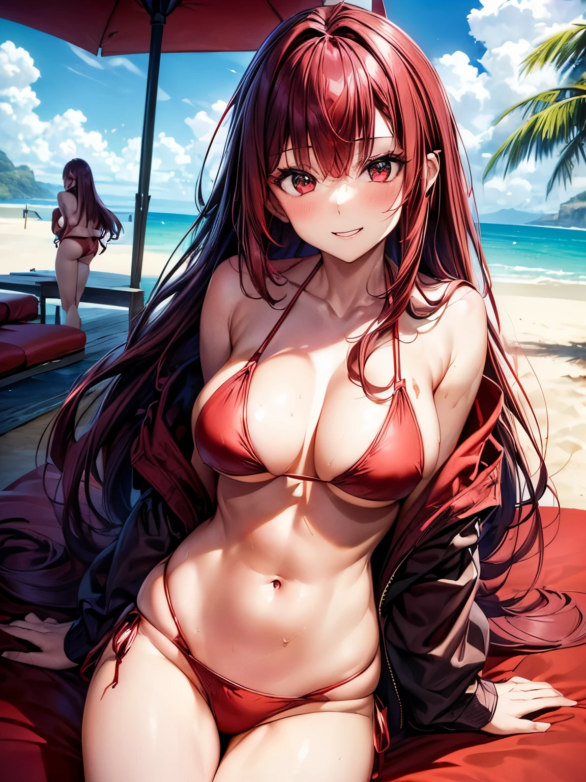 highest quality、Nice sexy body、One Woman、(solo)、((Beautiful busty woman:1.6))、(((Woman with dark red hair:1.3)))、Long hair woman、(((Woman in a red bikini:1.3)))、A woman wearing a white hoodie、smile、Beach House、