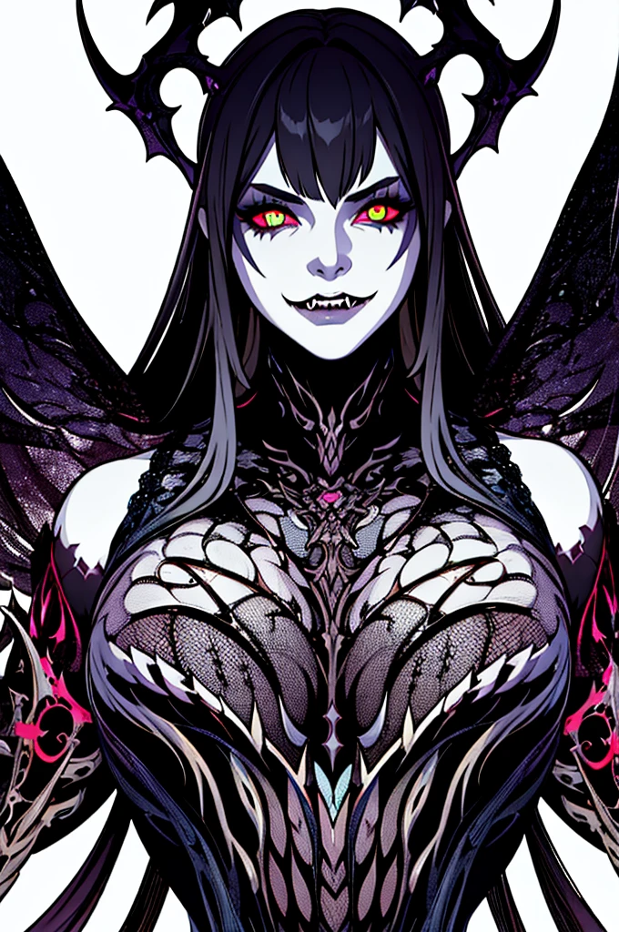 (highres, realistic:1.37),a female humanoid monster,beautiful detailed eyes,sharp fangs,luminous glowing skin,dark and eerie atmosphere,ominously misty surroundings,sinisterly elegant appearance,long claws,ferocious expression,snarling face,exotic otherworldly beauty,horror-fantasy concept art,vivid colors,dramatic lighting
