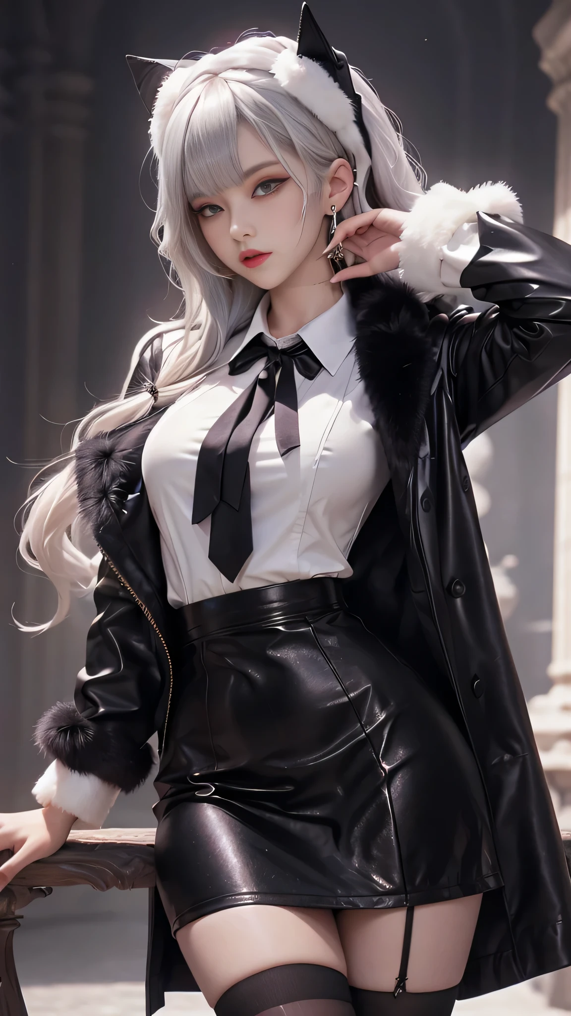 Photorealistic, High resolution, 1 Women, Solo, hips up high,Lolita Costume Costume， Beautiful eyes, White hair, Ringed Eyes, Collared shirt,black necktie,Black skirt, pencil skirts, Fur coat