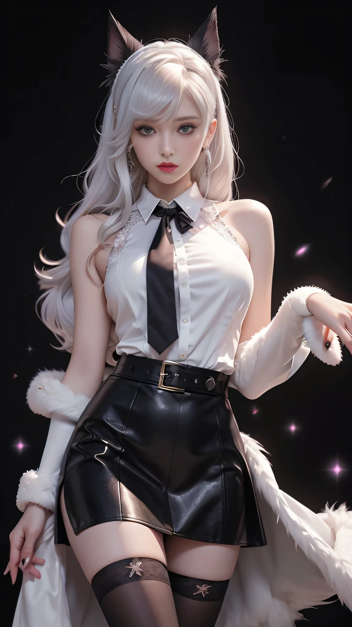 Photorealistic、High resolution、1womanl、Solo、hips up high、ta costume、Beautiful eyes、white hair、Ringed Eyes、Collared shirt、black necktie、Black skirt、pencil skirts、Fur coat