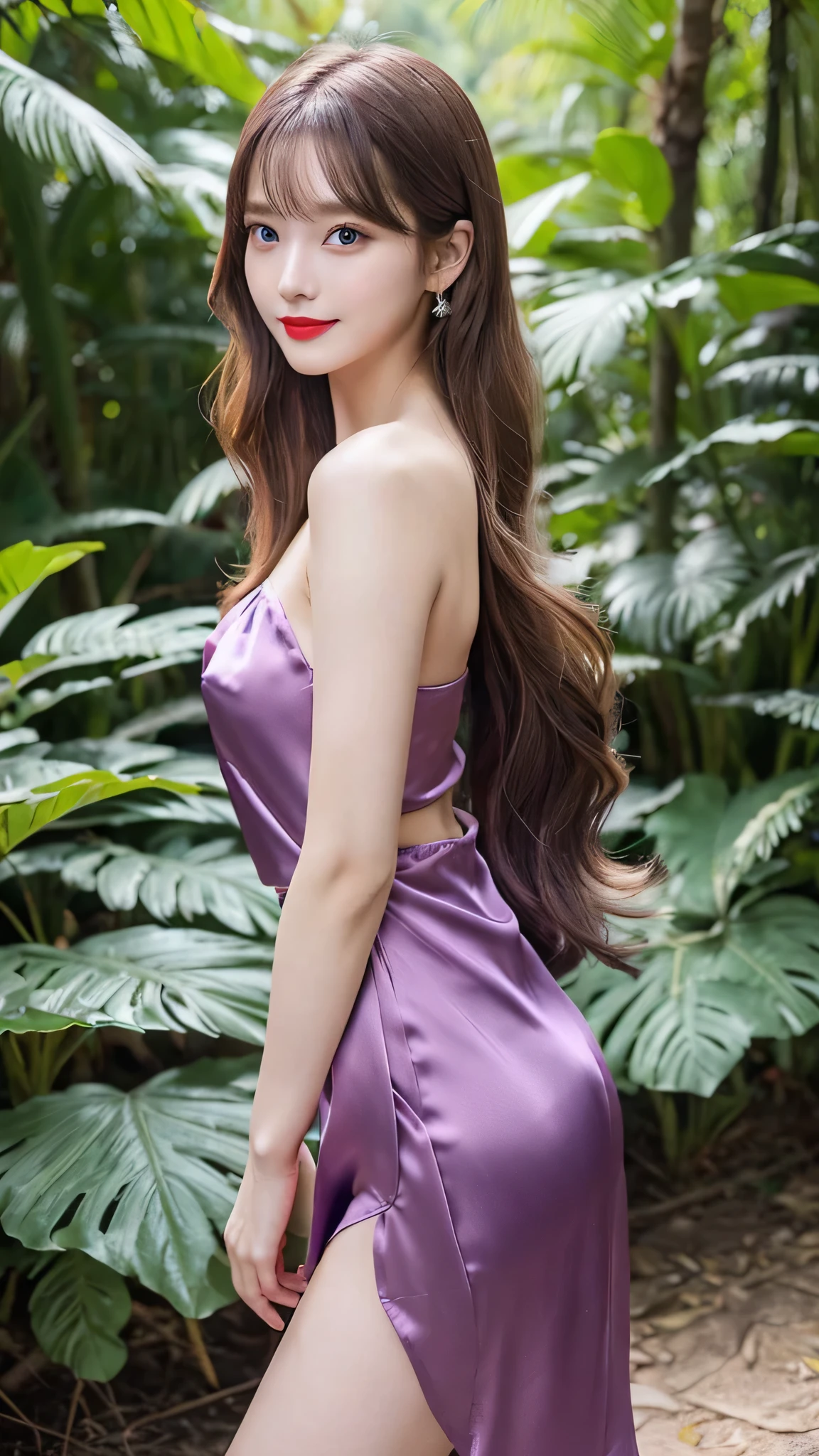 1 female々,(Standing posture), (Long, straight legs:2.0),(Height 2/3 is the foot:2.0),White, shiny skin, Age 25, A small, elegant face, Red lips, ( Hair parted to one side:1.5), blue eyes, smile, Elegant young woman, long blonde shiny hair, (Purple silk dress and mid-length skirt:1.3), (pumps:1.2), Natural wavy hair, Almond Eye,Slender figure, Tight waist, Beautiful Hands, delicate shoulders, View here,Southeast Asian broadleaf forest at daytime