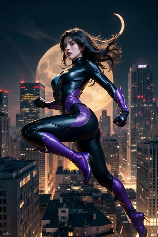 (Masterpiece, 4k resolution, ultra-realistic, very detailed), (Black and purple superhero theme, charismatic, there's a girl on top of town, wearing a black and purple costume that covers legs, she's a superhero), [ ((25 years), (long black hair:1.2), full body, (blue eyes:1.2), ((Flying pose),show of strength, jumping from one building to another), ((sandy urban environment):0.8)| (cityscape, at night, dynamic lights), (full moon))] # Explanation: The Prompt mainly describes a 4K painting of ultra-high definition, very realistic, very detailed. It shows a superheroine at the top of the city, wearing a Black and Purple costume that covers legs. The theme in the painting is a black and purple superhero theme, the female protagonist has long black hair, is 25 years old and her entire body is shown in the painting. In terms of portraying the actions of superheroines, 