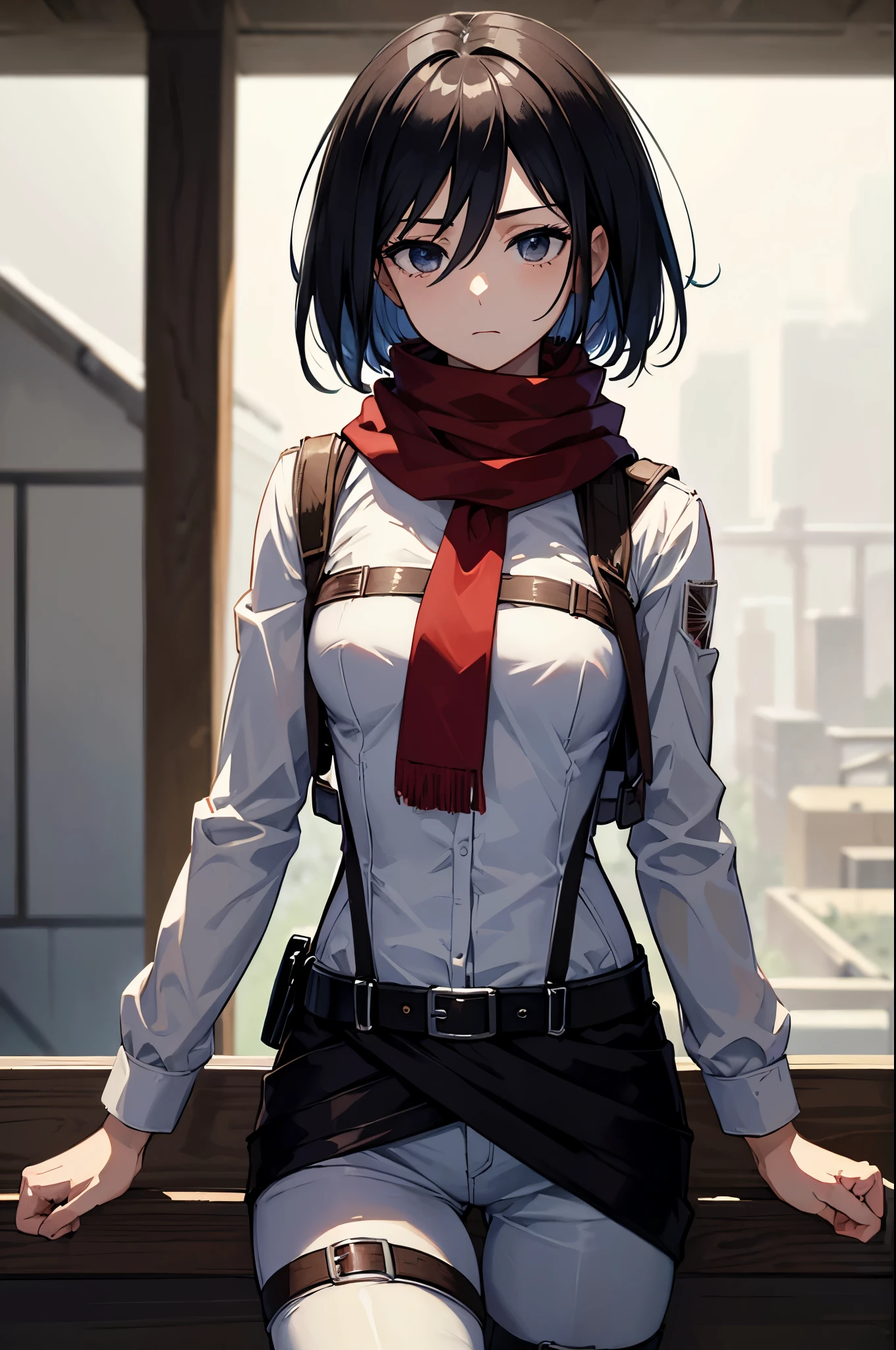 (masterpiece, best quality:1.2), expressive eyes, perfect face, highres, 1girl, solo, hmmikasa, short hair, black eyes, scarf, belt, thigh strap, red scarf, white pants, white shirt, standing, upper body, looking at the viewert