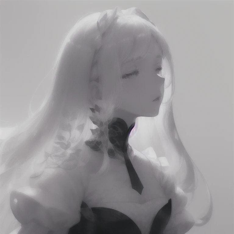 (White background:1.4),(Silhouette of a girl's head, Close eyes, white long hair, pale skin ), Bright Gray Eyes, flowers on hair,( Smart Design, Sharp lines, High sharpness,top quality, very detailed, masterpiece, lighting effects in cinema, 4K )pure White background