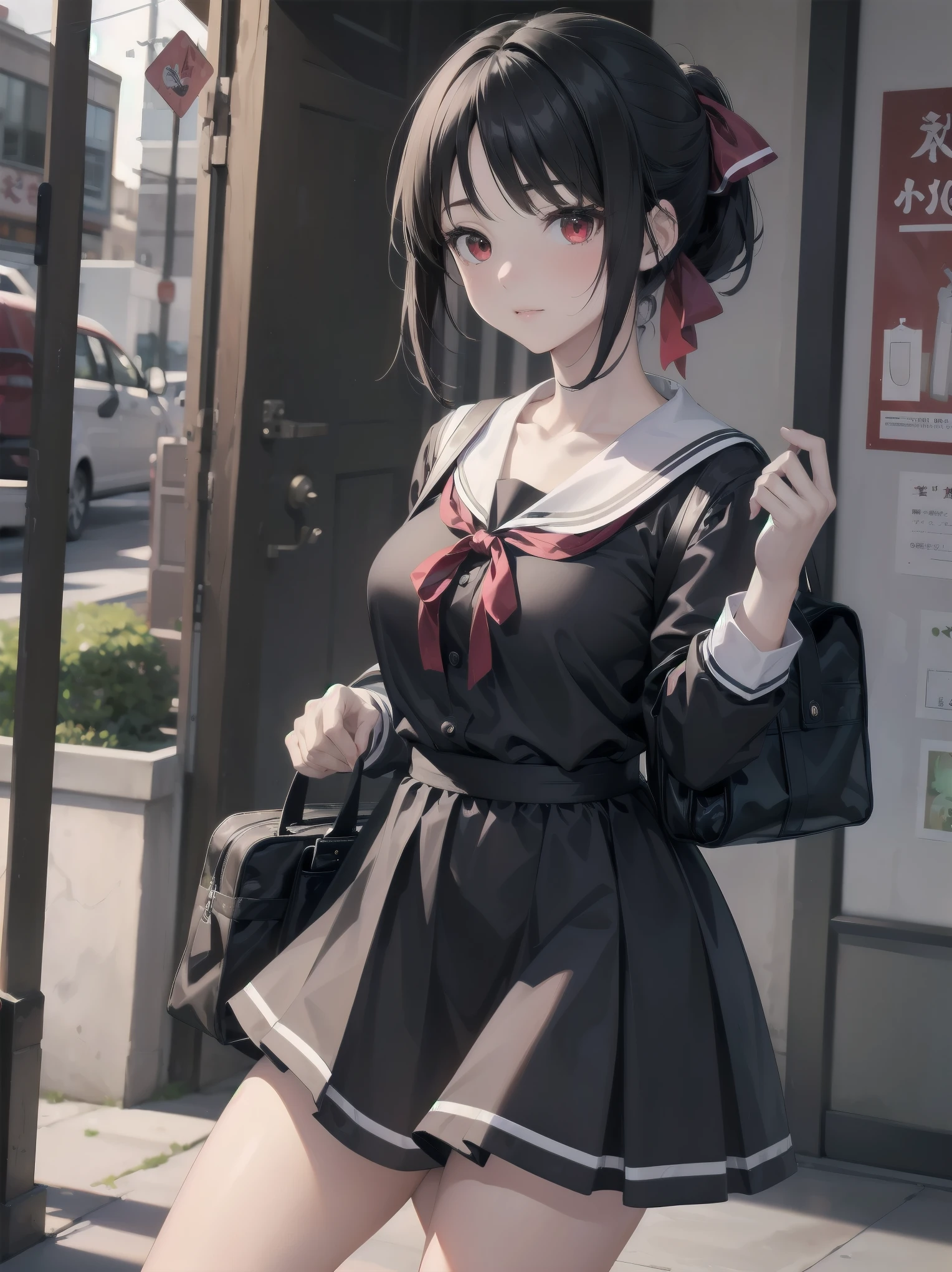 Masterpiece, top quality, super detailed, 16k, One girl, spring, high school, warm colors, school bag, accurate and highly detailed background, flock of schoolgirls in uniforms of various body shapes and hairstyles, cute. Blake. kaguya shinomiya, red eyes, black hair, ribbon, red ribbon, hair ribbon, parted bangs, folded ponytail, , shuuchiin academy , dress, sidelocks, breasts, black dress, collarbone, short hair, long sleeves