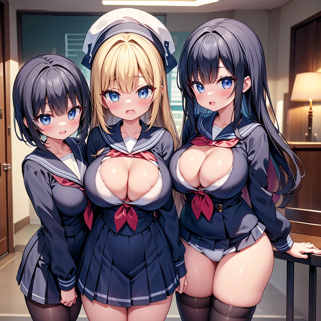 highest quality,wonderful,finely,extremely detailed CG Unity 8K wallpaper, (Stand in line:1.2), (3 girls, cute eyes, sailor uniform, clothed), (huge breasts), (open mouth:1.1), (long tongue:1.1), (mouth drool:1.1), (black stockings:1.1),(Thighs:1.1),(Waistline:1.1),(cleavage)