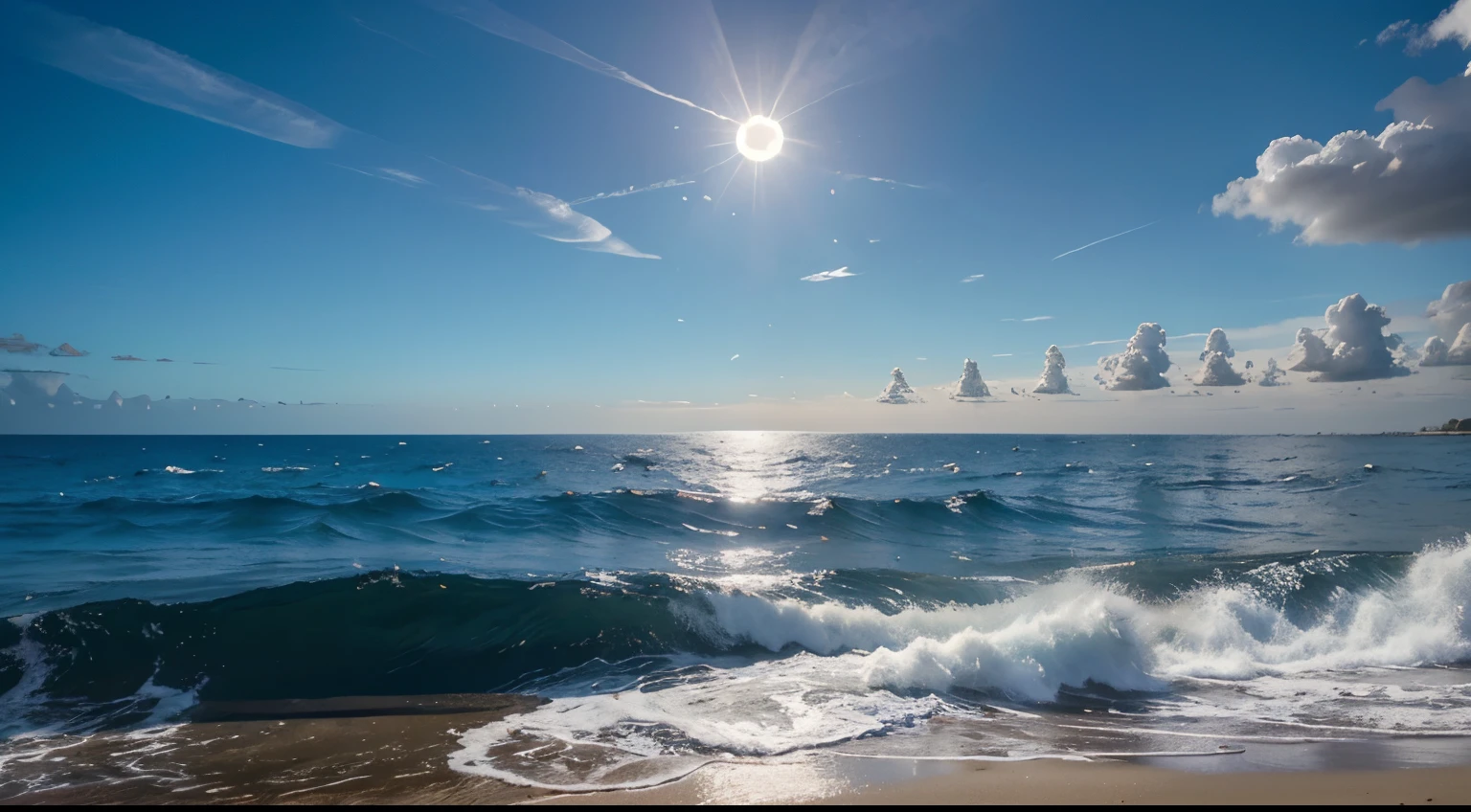 Luna llena entre nubes reflejada en el mar tropical con grandes olas y palmeras en la playa.