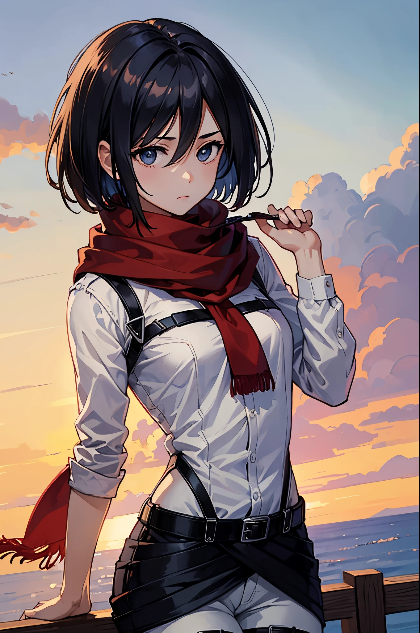 (masterpiece, best quality:1.2), expressive eyes, perfect face, highres, 1girl, solo, hmmikasa, short hair, black eyes, scarf, belt, thigh strap, red scarf, white pants, white shirt, hand  on hip, standing, upper body, looking at the viewert