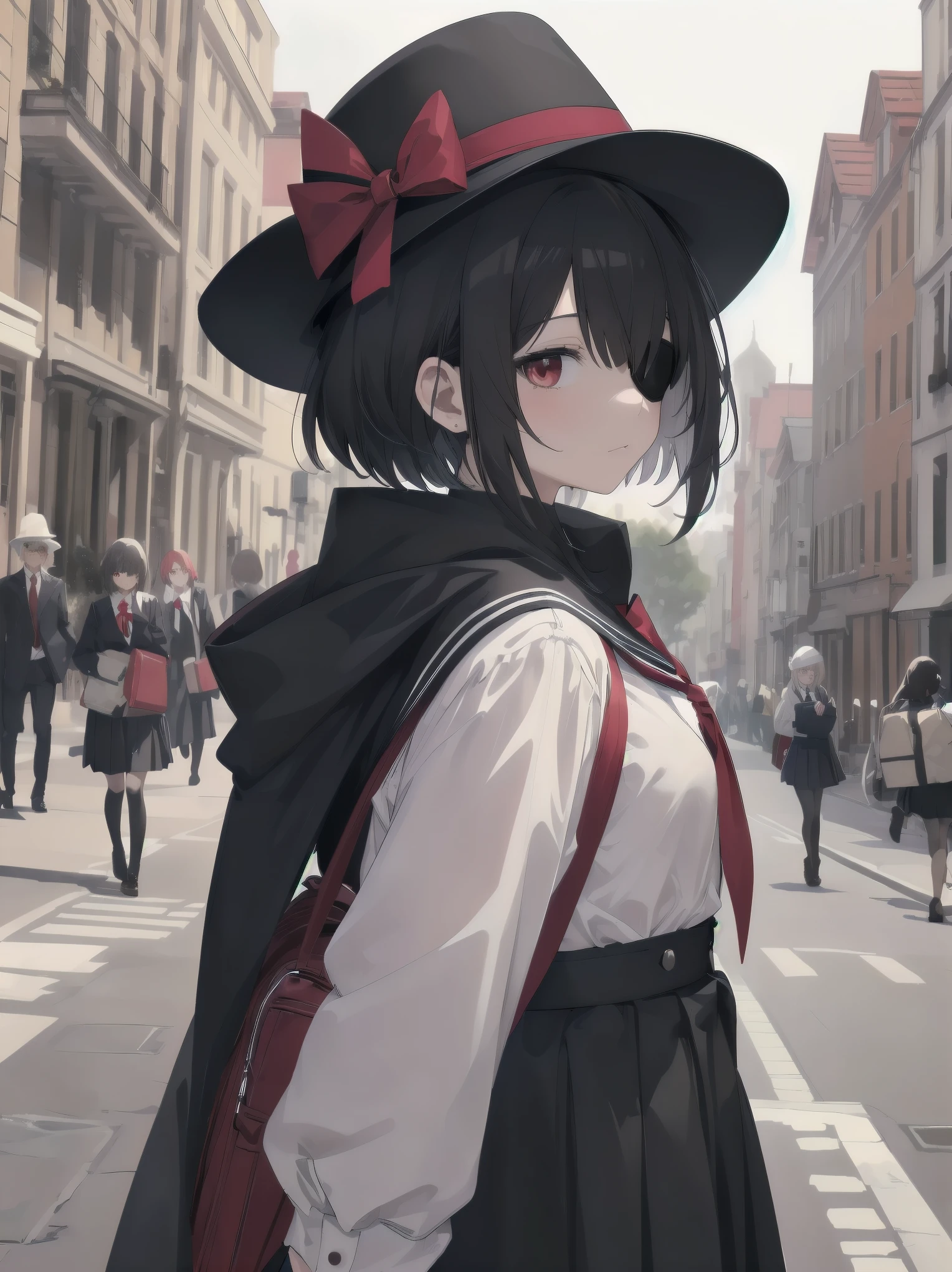 Masterpiece, top quality, super detailed, 16k,
One girl, spring, high school, warm colors, school bag, accurate and highly detailed background, flock of schoolgirls in uniforms of various body shapes and hairstyles, cute.
Blake.
Black hair with a short bob cut with bangs, big red eyes, black cloak, red miniskirt, black pointy hat, and wizard-like outfit.
Robe, cane, eyepatch over left eye,