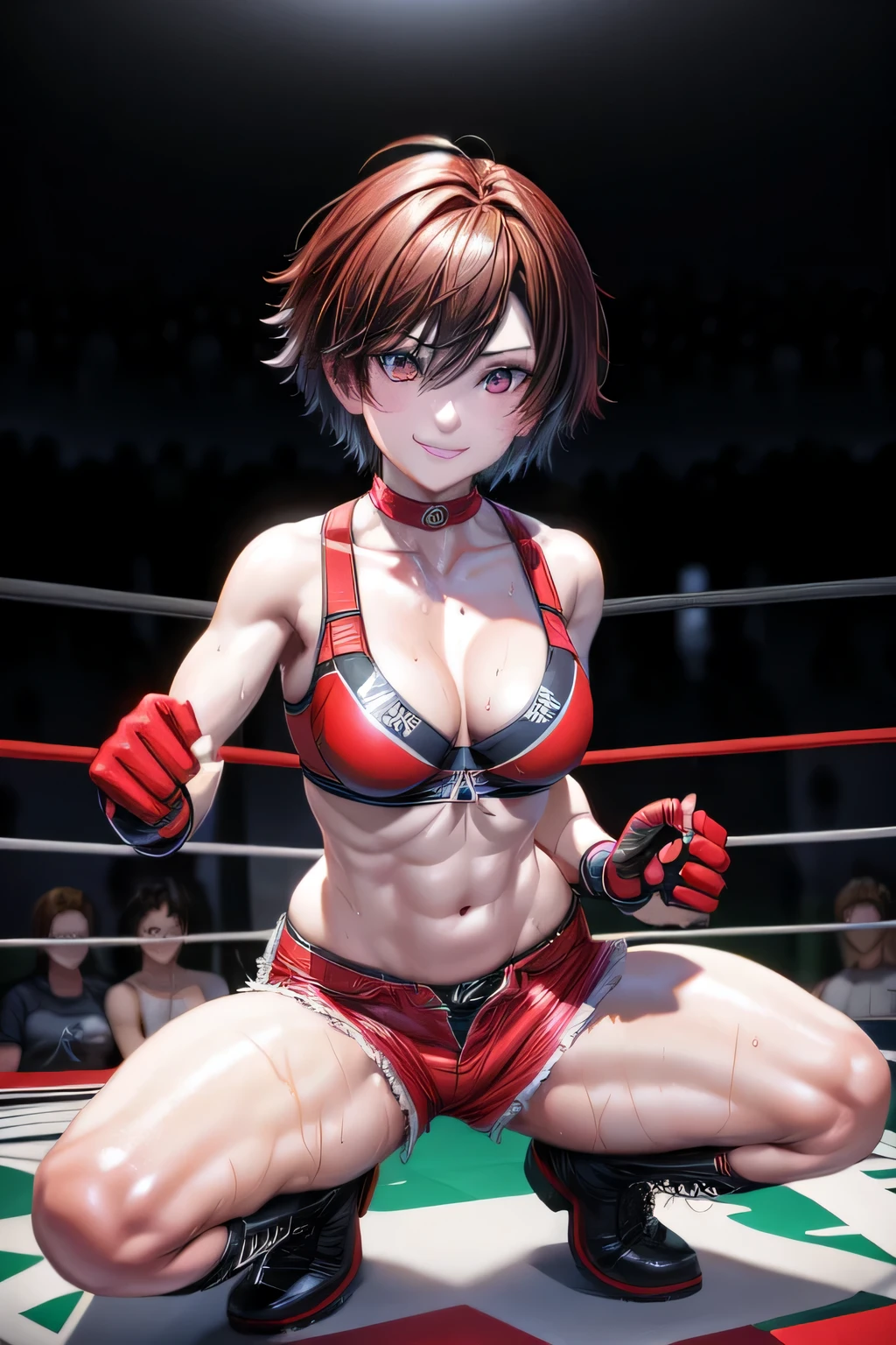 1girl,18yo,perfect hands, perfect finger,perfect anatomy,masterpiece, best quality,realistic, hyperrealistic, 16k hdr,,HINOMOTO_REIKO,large BREASTS,SHORT HAIR,BLACK HAIR,NAVEL, CLEAVAGE, BROWN EYES,BOOTS,CHOKER,MIDRIFF, FINGERLESS GLOVES,(RED SHORT SHORTS,red bra),sweat,(boxing ring,spot light),(squatting,spread legs:1.2),dynamic pose,dynamic angle,smile,,from below