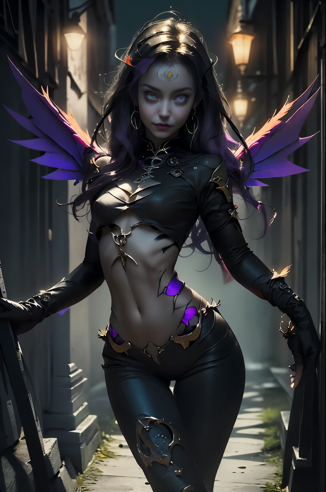 general full body shot: 1.5, (((night, darkness, beautiful winged woman dressed in black gothic style:1.7))) hood, opens her mouth showing her teeth with fangs:1., red and black back ground, optical, Panoramic lighting, atmospheric perspective, night, darkness, survey: 5D, Clear facial features, Vampire wings spread, impressive details, 8K Ultra-resolution, Stunning illustration, the best of all, Award-winning, how to be the best, ((red, black , purple colors: 1.5)), cemetery setting, magical, idyllic, epic: 1.5, photorealistic: 1.4, Skin texture: 1.4, super detailed and perfect, Masterpiece, super detailed, hyper detailed, well-defined lights and shadows , 32K