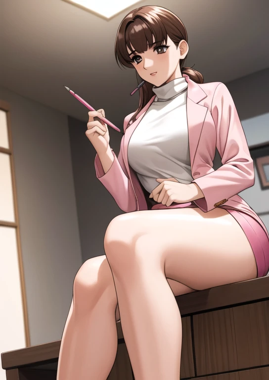 urotsukidoji researchgirl,
(alone:1.4),
One girl,Brown Hair, short hair, Brown Eye, Sexy Body,
(White long lab coat:1.4), (Pink turtleneck:1.4), (gray pencil skirt:1.4), barefoot, Bare thighs, (Parted bangs:1.4),
Relaxed facial expression, smile, Lips parted, Sitting, View your viewers,(Feet together:1.3),Indoor Computer, (night:1.4)
Portraiture,(prospect:1.4), (Half Body Shot:1.2)
(masterpiece:1.4), (highest quality:1.4),
Professional artwork, Intricate details, Vibrant colors, Diffuse lighting, Digital Blending, Super-detailed body, Ultra detailed hair, Ultra detailed face,
