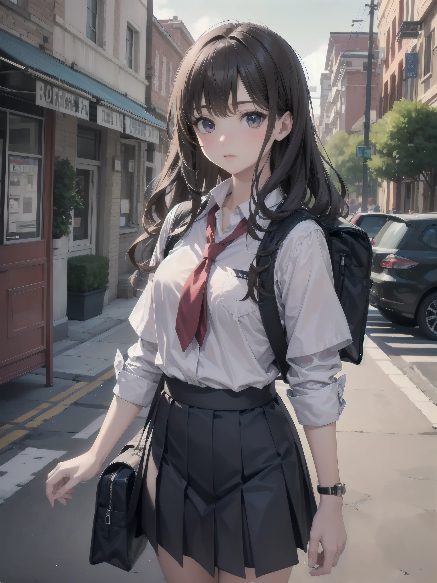 Masterpiece, top quality, super detailed, 16k,
One girl, spring, high school, warm colors, school bag, accurate and highly detailed background, flock of schoolgirls in uniforms of various body shapes and hairstyles, cute.
Blake.
A beautiful girl with wavy crimson hair. she is very well developed