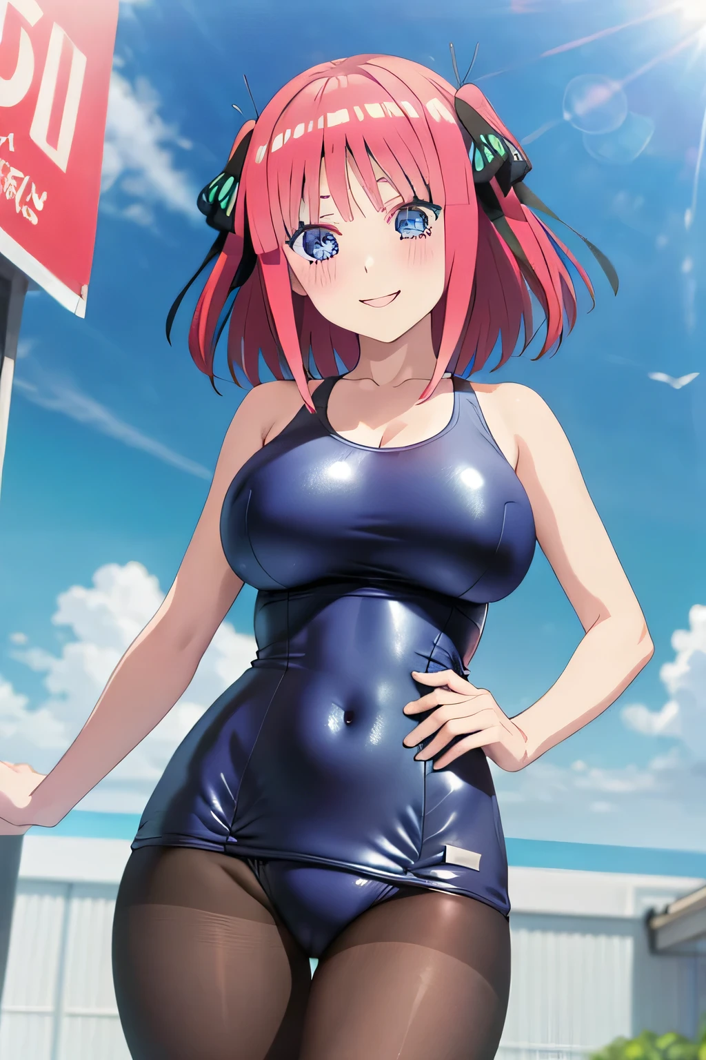 best quality, ultra-detailed masterpiece, anime art style, cute characters, nino nakano, one-piece swimsuit, large breasts, pantyhose, blush, smile
