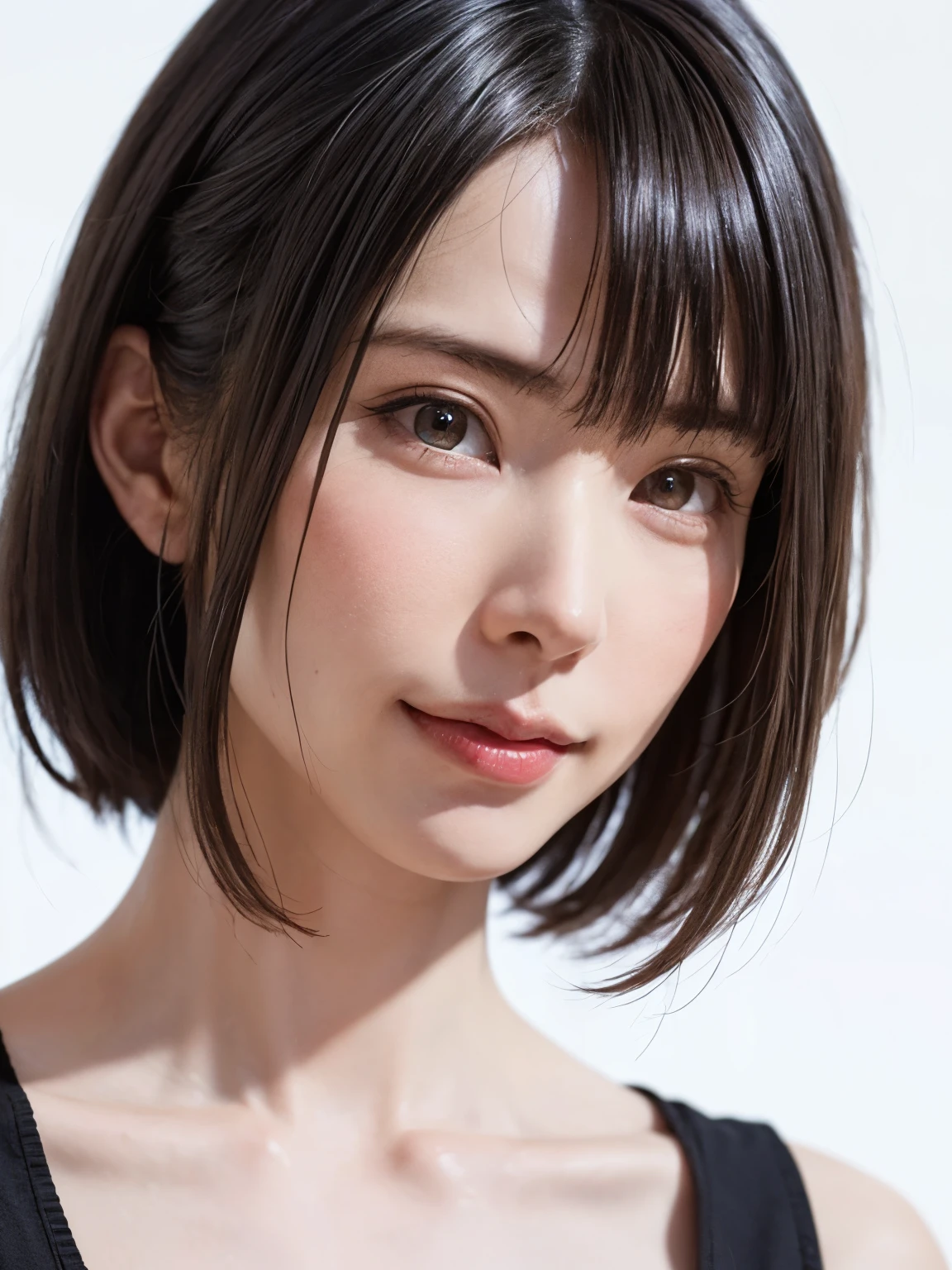 1 girl, alone, Shiny skin, chest, very detaileded, ultra detaileded, Ultra-high resolution, whole body, (Photorealism:1.4), (highest quality), (Best Shadow), Ulzzang-6500, detailed, Perfect lighting, Black Hair, ((Showpiece, highest quality, High precision)), One Girl, (big chest, Realistic: 1.4), (look up at the camera even a little, カメラをlook up, look up, look up at the camera, Looking into the camera))), alone, , White Background, snow-White Background, shut up., smile, pretty Black Hair, short hair:1.6, Big eyes, Transparent double eyelids, eyelash, listen, Long neck, 美しいLong neck, Absolute area, ((Face close-up, short hair with bangs)), 19 years old, Attractive proportions, Shiny skin, Beautiful clavicle, Golden ratio face, Perfect Face, Teardrop-shaped mole, chestのほくろ, bangs, clean bangs, beautiful bangs, Lip gloss, Thin lips, White skin, I took off my clothes, big chest, Small face, Small face, 少し上を向いてLooking into the camera, ((smile a little for the camera, really nothing pure White Background, Listen carefully、very big big chest, big chest、Dynamic Angle))