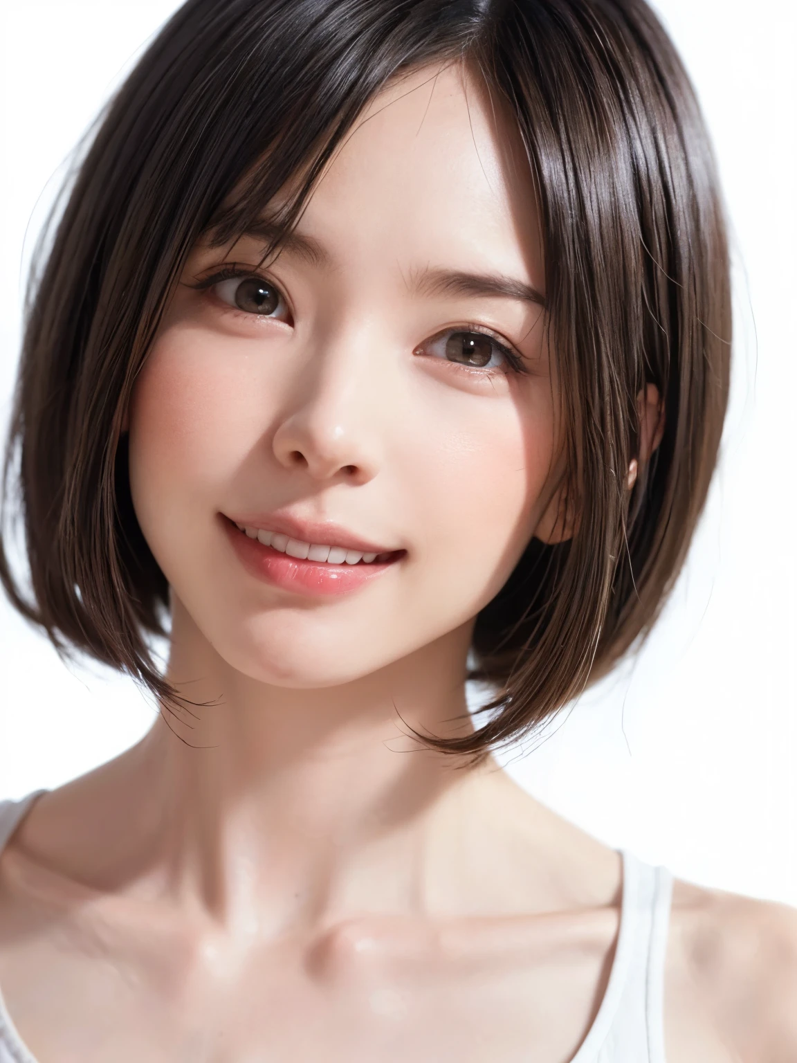 1 girl, alone, Shiny skin, chest, very detaileded, ultra detaileded, Ultra-high resolution, whole body, (Photorealism:1.4), (highest quality), (Best Shadow), Ulzzang-6500, detailed, Perfect lighting, Black Hair, ((Showpiece, highest quality, High precision)), One Girl, (big chest, Realistic: 1.4), (look up at the camera even a little, カメラをlook up, look up, look up at the camera, Looking into the camera))), alone, , White Background, snow-White Background, shut up., smile, pretty Black Hair, short hair:1.6, Big eyes, Transparent double eyelids, eyelash, listen, Long neck, 美しいLong neck, Absolute area, ((Face close-up, short hair with bangs)), 19 years old, Attractive proportions, Shiny skin, Beautiful clavicle, Golden ratio face, Perfect Face, Teardrop-shaped mole, chestのほくろ, bangs, clean bangs, beautiful bangs, Lip gloss, Thin lips, White skin, I took off my clothes, big chest, Small face, Small face, 少し上を向いてLooking into the camera, ((smile a little for the camera, really nothing pure White Background, Listen carefully、very big big chest, big chest、Dynamic Angle))