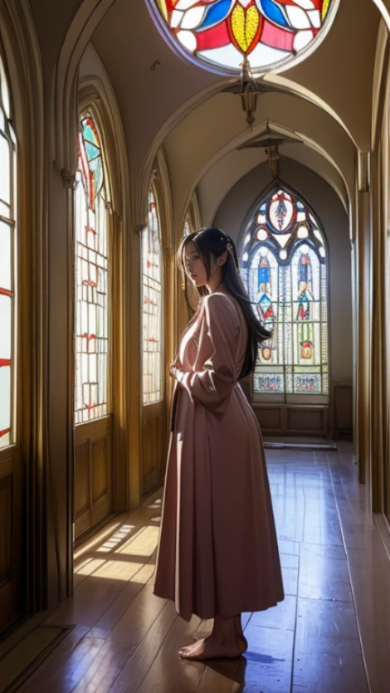 (1.girl, alone), 8k, ((masterpiece),(((highest quality))),((Very detailed)),((((reality)))), reality的:1.37, (Ultra-realistic), (High resolution), (Very detailed), (Very detailed細壁紙), (detailed aspects), (Beautiful expression), ((詳細 highest qualityのスキン:1.2)), ((Reddish cheeks)), (Very detailed細な背景, Detailed Background), Perfectly anatomically correct shape, すべてのhand足, Full Finger, 1. Beautiful woman,Mole under the eye, Nuns, Hollow Sanctuary, Deep silence, The Sage Emerges, Calm face, (((Completely naked(1.9)、All Nude(1.9)))), No clothes(1.6), ((Thin pubic hair(1.6)、Less hair(1.6))), Closed eyelids and beautiful delicate eyelashes, 尊敬すべきhand, A worn-out habit, handにアンクレット, Humble attitude, Mental concentration, Mortar Board, A gentle gaze, hand, creaking wooden chair, Ancient parchment, Monastery Cell, Faded murals, Quiet atmosphere, Sacred Symbols, Devout Faith., Full Body Shot, Fully clothed, (((In the high and deep corridor, A monastery with stained glass, 15歳のgirl)))