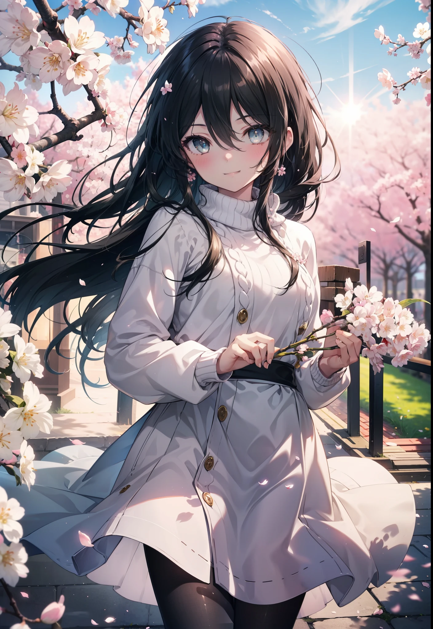 Shana,灼眼のShana,Long Hair,Black Hair, (black eye:1.5) Small breasts,smile,blush,White Sweater,Long skirt,Black pantyhose,Mini Boots,Cherry blossom tree-lined path,Cherry blossoms are blooming,Cherry blossoms are scattered,morning,morning陽,The sun is rising,Looking down from above,
break looking at viewer, (Cowboy Shot:1. 5)
break outdoors, garden,
break (masterpiece:1.2), highest quality, High resolution, unity 8k wallpaper, (figure:0.8), (Detailed and beautiful eyes:1.6), Highly detailed face, Perfect lighting, Extremely detailed CG, (Perfect hands, Perfect Anatomy),