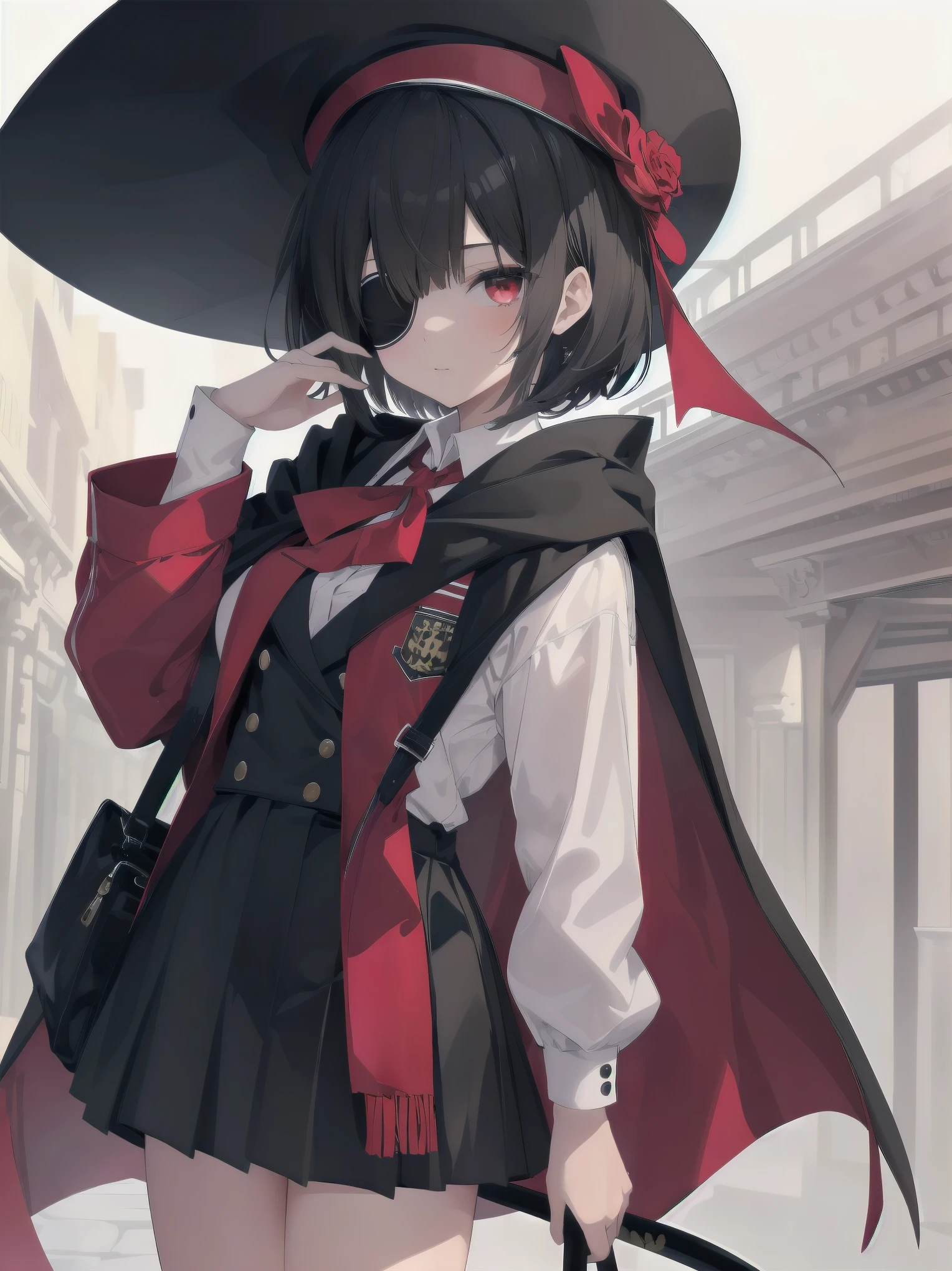 Masterpiece, top quality, super detailed, 16k,
One girl, spring, high school, warm colors, school bag, accurate and highly detailed background, flock of schoolgirls in uniforms of various body shapes and hairstyles, cute.
Blake.
Black hair with a short bob cut with bangs, big red eyes, black cloak, red miniskirt, black pointy hat, and wizard-like outfit.
Robe, cane, eyepatch over left eye,