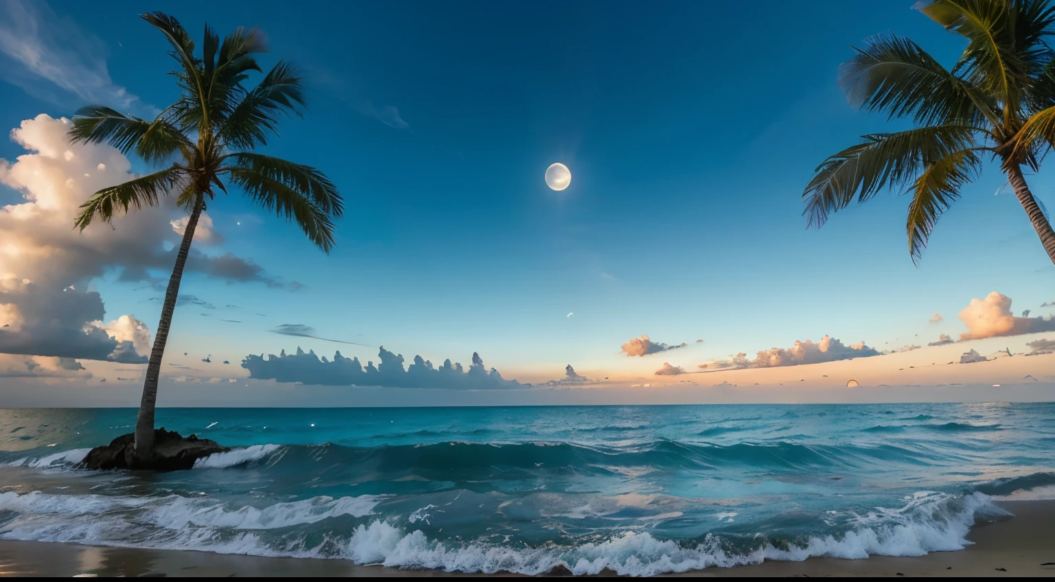 Luna llena entre nubes reflejada en el mar tropical con grandes olas y palmeras en la playa.