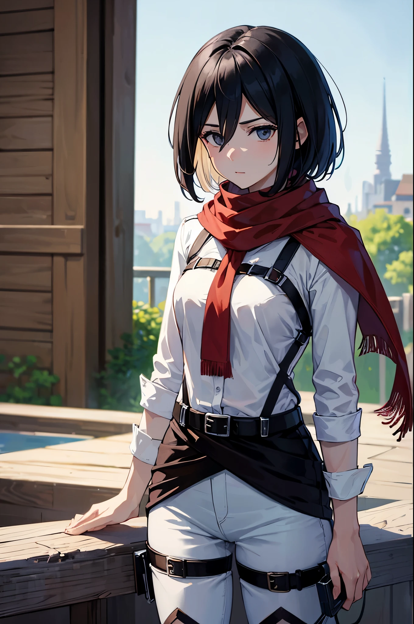 (masterpiece, best quality:1.2), expressive eyes, perfect face, highres, 1girl, solo, hmmikasa, short hair, black eyes, scarf, belt, thigh strap, red scarf, white pants, white shirt, hand on hip, standing, upper body, looking at the viewert