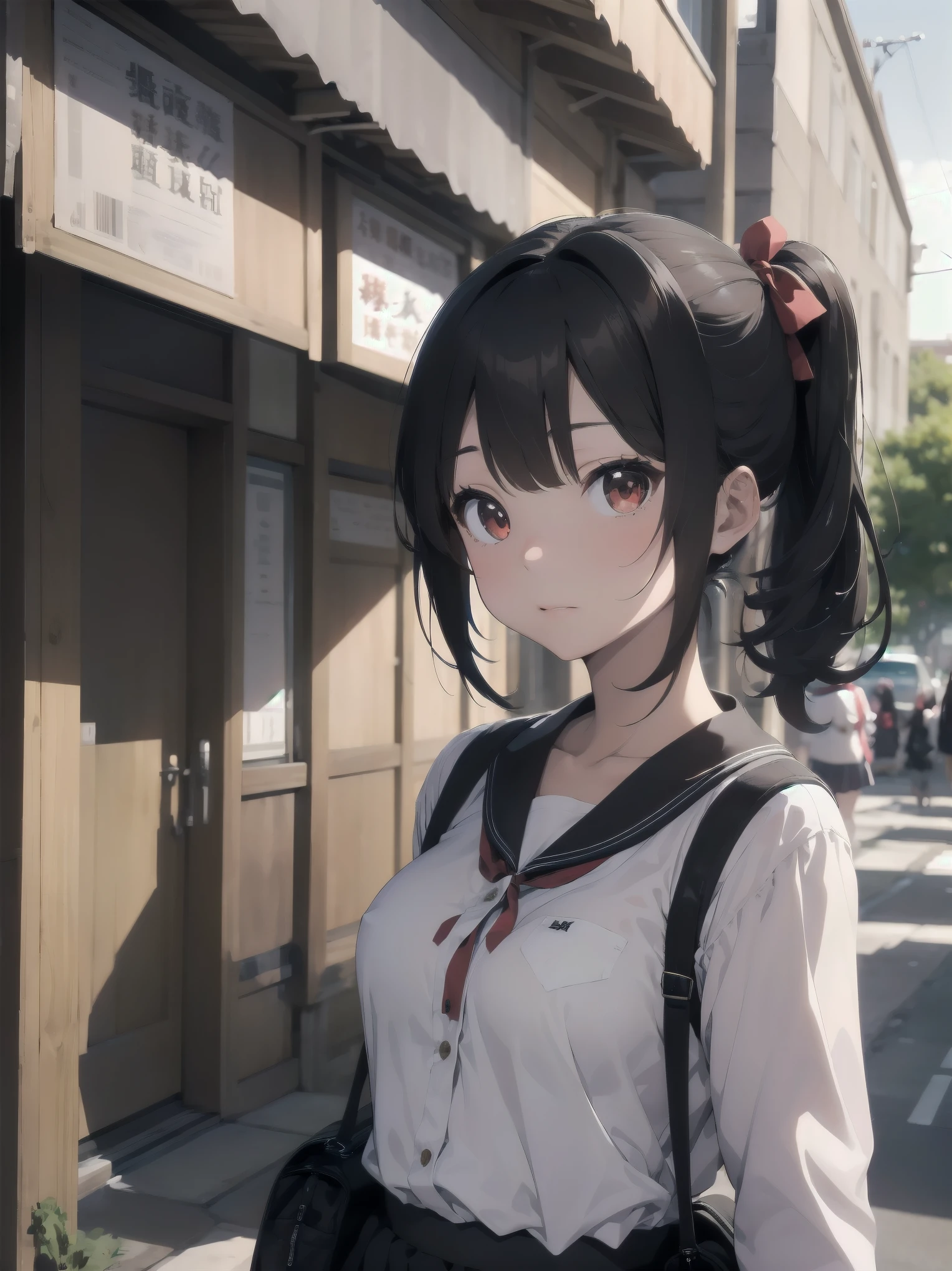 Masterpiece, top quality, super detailed, 16k, One girl, spring, high school, warm colors, school bag, accurate and highly detailed background, flock of schoolgirls in uniforms of various body shapes and hairstyles, cute. Blake. kaguya shinomiya, red eyes, black hair, ribbon, red ribbon, hair ribbon, parted bangs, folded ponytail, , shuuchiin academy , dress, sidelocks, breasts, black dress, collarbone, short hair, long sleeves