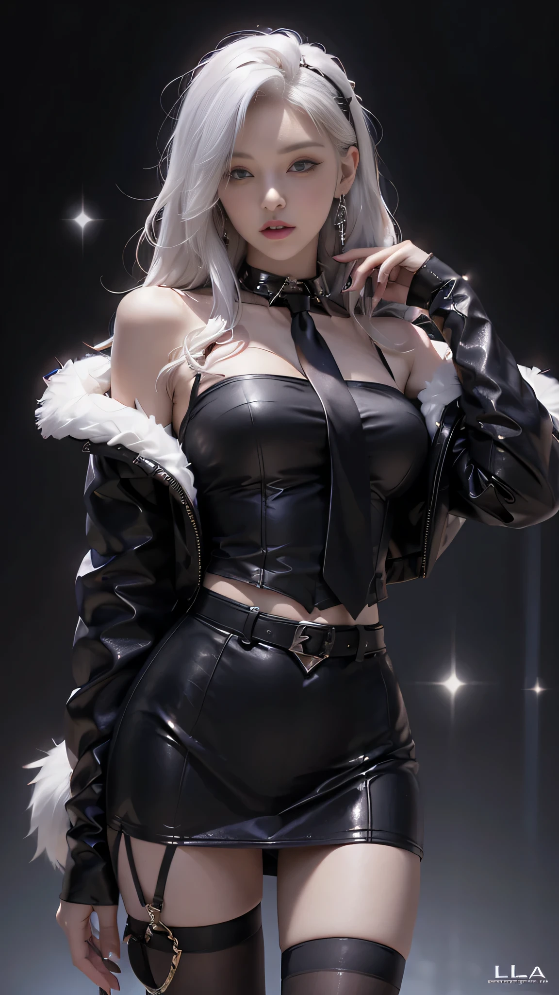 Photorealistic, high resolution, 1 Women, Solo, Hips up,Lolita costume, Beautiful eyes, White hair, ringed eyes, Collared shirt,black necktie,Black skirt, pencil skirts, Fur coat