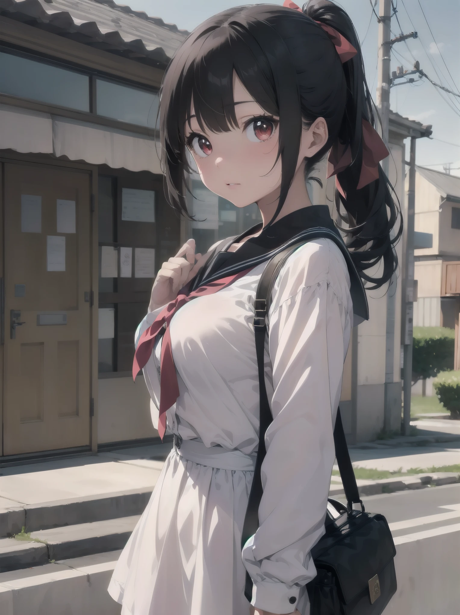 Masterpiece, top quality, super detailed, 16k, One girl, spring, high school, warm colors, school bag, accurate and highly detailed background, flock of schoolgirls in uniforms of various body shapes and hairstyles, cute. Blake. kaguya shinomiya, red eyes, black hair, ribbon, red ribbon, hair ribbon, parted bangs, folded ponytail, , shuuchiin academy , dress, sidelocks, breasts, black dress, collarbone, short hair, long sleeves