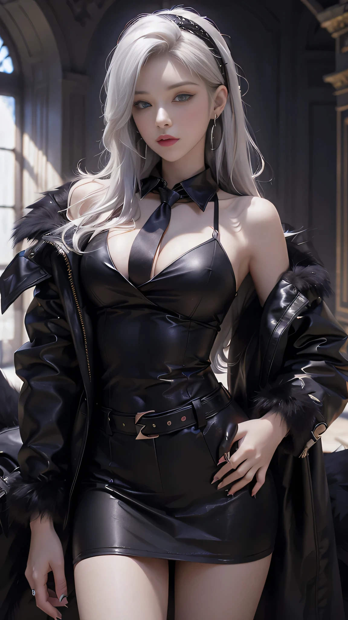 Photorealistic, high resolution, 1 Women, Solo, Hips up,Lolita costume， Beautiful eyes, White hair, ringed eyes, Collared shirt,black necktie,Black skirt, pencil skirts, Fur coat