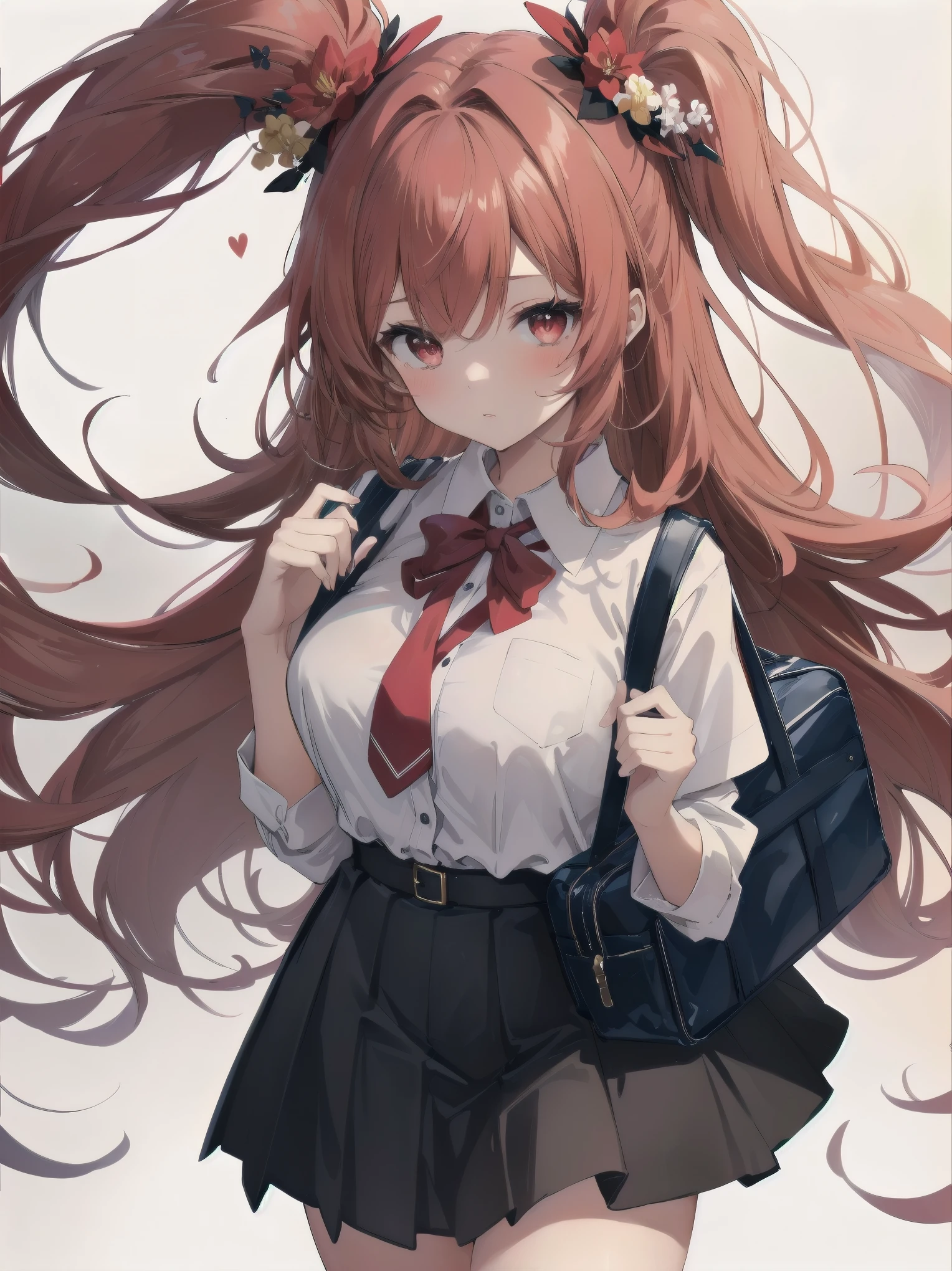 Masterpiece, top quality, super detailed, 16k,
One girl, spring, high school, warm colors, school bag, accurate and highly detailed background, flock of schoolgirls in uniforms of various body shapes and hairstyles, cute.
Blake.
A beautiful girl with wavy crimson hair. she is very well developed, Beautiful girl with wavy red hair. Suspended eyes, red eyes, good looks, big tits