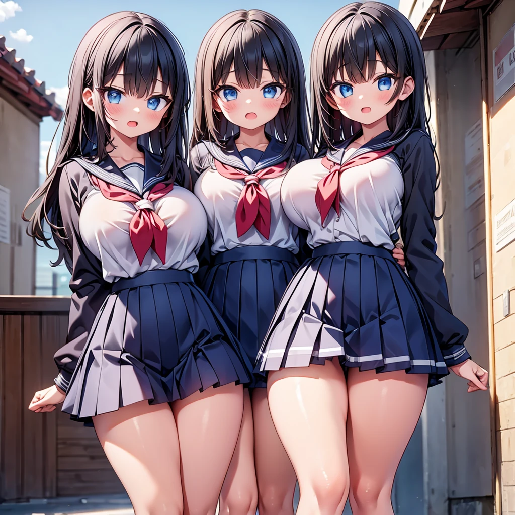 highest quality,wonderful,finely,extremely detailed CG Unity 8K wallpaper, (Stand in line:1.2), (3 girls, Black Hair, Blue Eyes, cute eyes, sailor uniform, clothed), (huge breasts), (open mouth:1.1), (long tongue:1.1), (mouth drool:1.1), (black stockings:1.1),(Thighs:1.1),(Waistline:1.1)