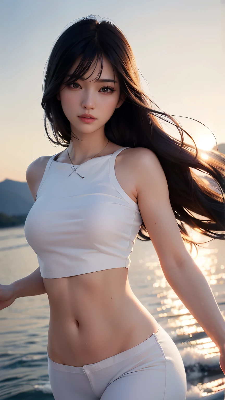 (logo、masterpiece、8k、Tabletop、RAW Photos、wonderful、最high quality、Photorealistic and Very detailed CG integrated 8k wallpaper、high quality、Very detailed、Narrative poem、Particle Effects、Dynamic Effects、Written boundary depth、Cinematic Light、Lens flare、Ray Tracing)、Fantasy、 (One beautiful woman、White Pants、White T-shirt、White tube top、White crop top、Black-haired、Beautiful Face、True Face、Beautiful details、eye、Beautiful Skin、Ultimate Body、glamorous)、私の髪はWindに舞う、Hair flutters in Wind、Hair bounces、Petals fluttering、wonderful scenery、sunrise、Sun in the background、Wind