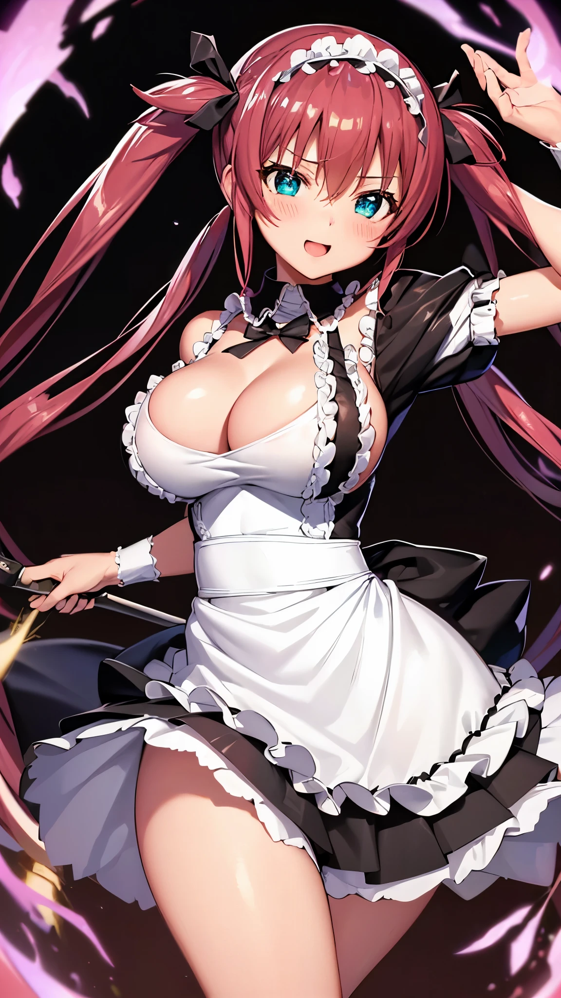 Black background,Sexy pose,8k,Tabletop, highest quality,Black background, One Girl, alone, Airi Queen's Blade,blush, Thighs , Cleavage、(Maid clothes)、 (Perfect hands, Perfect Anatomy)、standing、Laughter、