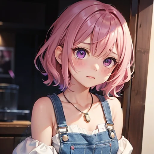 bust shot, woman, adult, pink hair, short-length hair, wavy hair, two purple eyes, a blue overalls, white off shoulder dress, necklace, medium breasts, sobbing so hard that it is pitiful