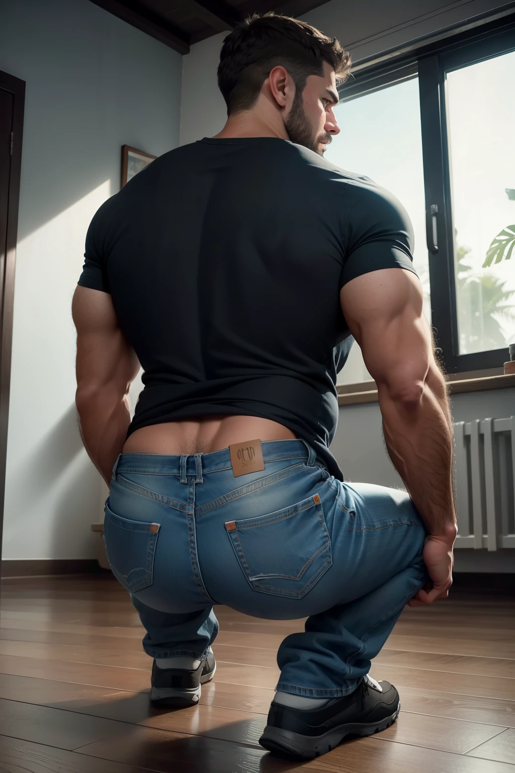 Realistic 8K image of a 33-year-old man, rubio, Fuerte, musculoso y nalgon, cabello corto, ojos verdes, Vestido con una camiseta blanca sin mangas y jeans negros, shy expression, de pie en la sala de estar de un apartamento sencillo, escena nocturna. Cuerpo completo jeans backside, same model crouched