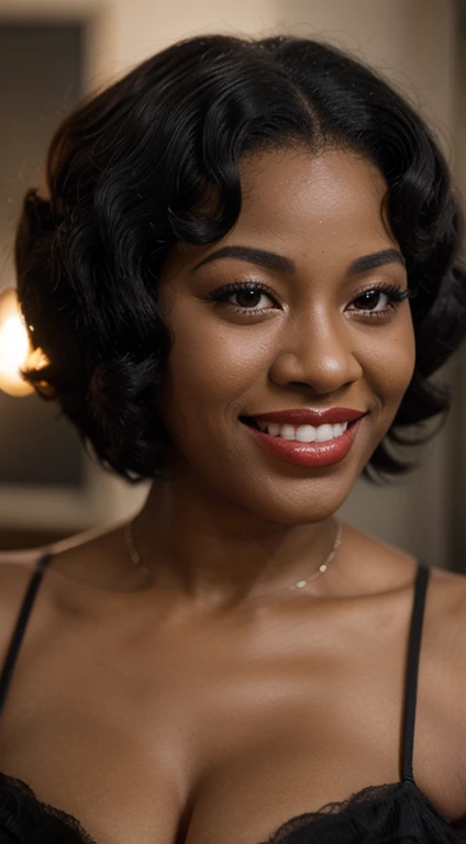 Maxine Sullivan, 1930s jazz singer, photo \(medium\), solo, depth of field, 1girl, blurry foreground, realistic, lips, teeth, 3d, afro, smile, photorealistic, black hair
