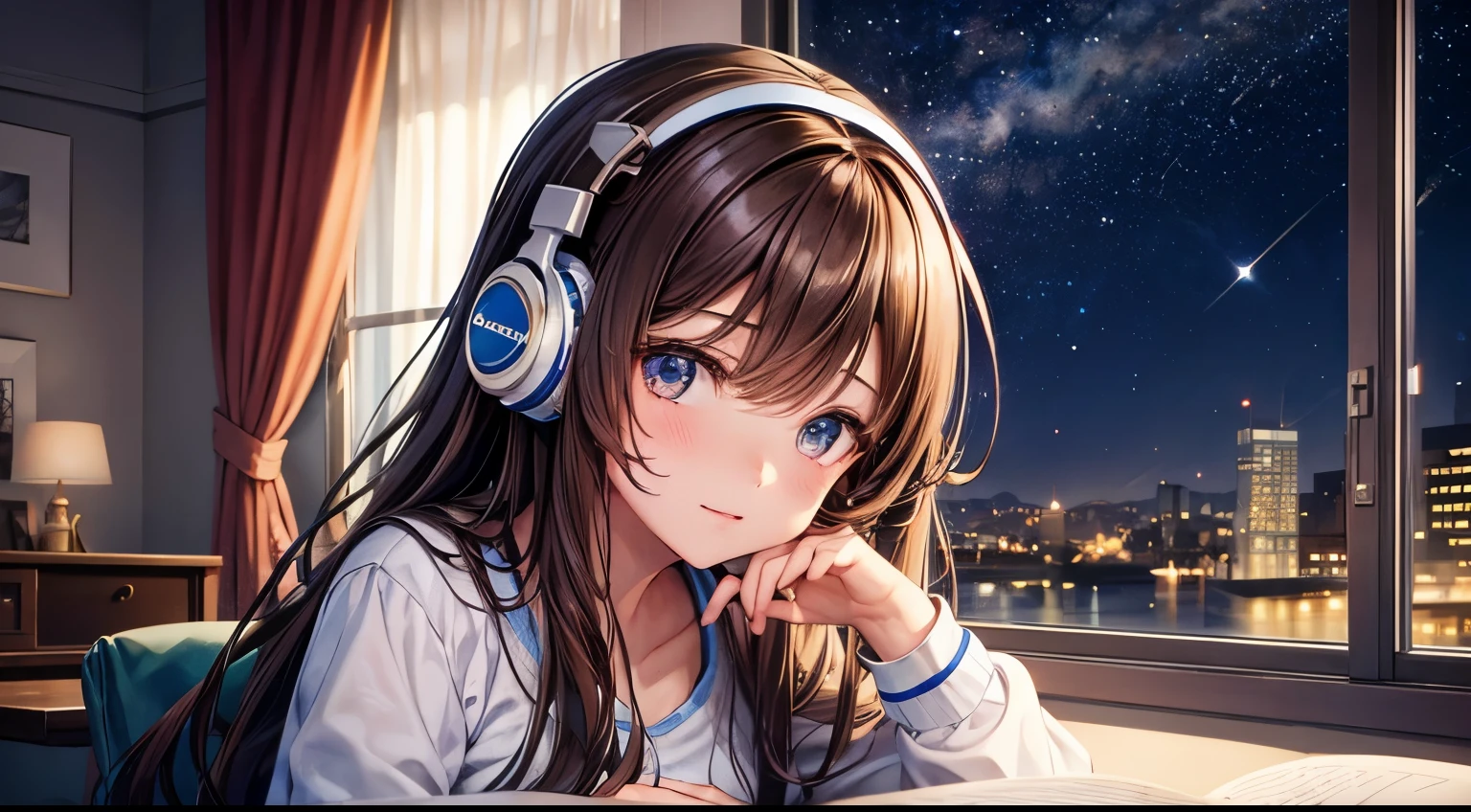 A girl studying in her room Brown Hair Long Hair Headphones nightの部屋 illumination Perfect facial expression Perfect eye depiction Perfect finger depiction night Outside the window is a starry sky