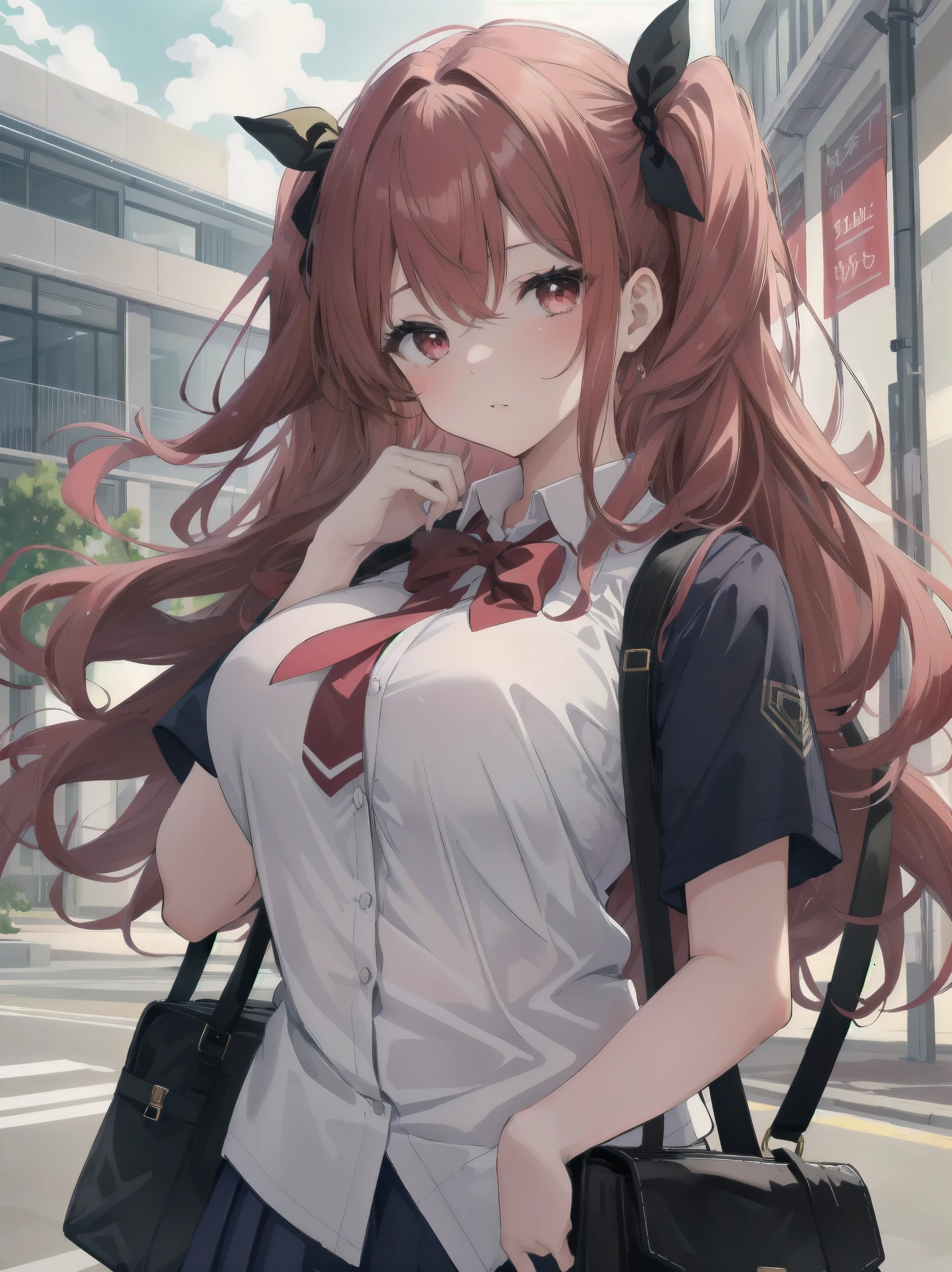 Masterpiece, top quality, super detailed, 16k,
One girl, spring, high school, warm colors, school bag, accurate and highly detailed background, flock of schoolgirls in uniforms of various body shapes and hairstyles, cute.
Blake.
A beautiful girl with wavy crimson hair. she is very well developed, Beautiful girl with wavy red hair. Suspended eyes, red eyes, good looks, big tits