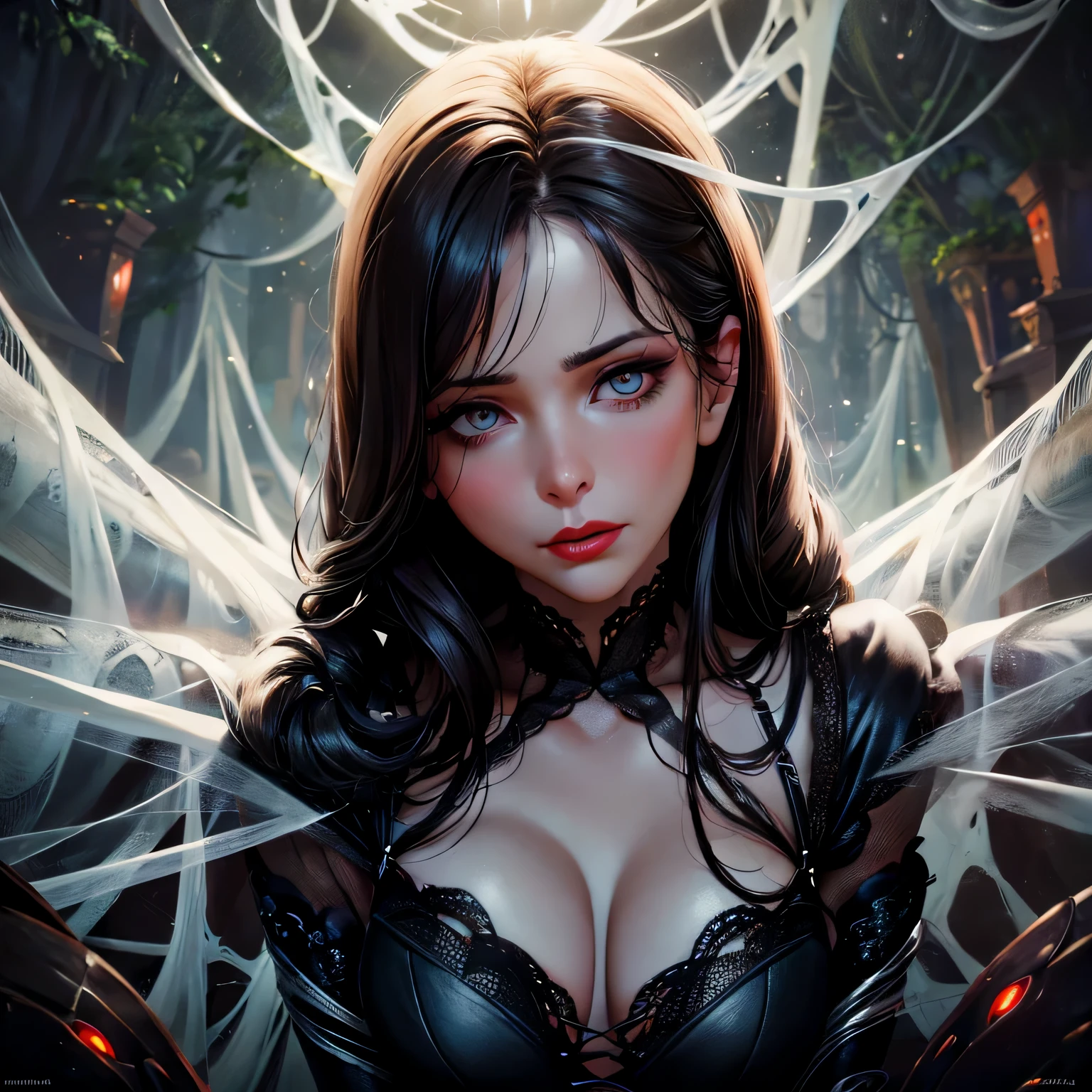 (best quality,highres),detailed portrait,realistic,moody lighting,spider web,ensnared,lush garden,ominous atmosphere,dramatic shadows,+Evelyn Smith,+long dark hair,expressive eyes,red lipstick,delicate silk threads,+distressed,+struggling to escape,emotion-filled scene