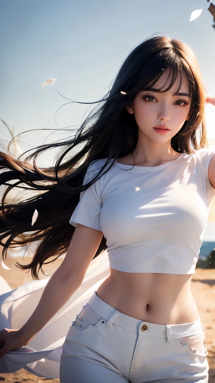 (logo、masterpiece、8k、Tabletop、RAW Photos、wonderful、最high quality、Photorealistic and Very detailed CG integrated 8k wallpaper、high quality、Very detailed、Narrative poem、Particle Effects、Dynamic Effects、Written boundary depth、Cinematic Light、Lens flare、Ray Tracing)、Fantasy、 (One beautiful woman、White Pants、White T-shirt、White tube top、White crop top、Black-haired、Beautiful Face、True Face、Beautiful details、eye、Beautiful Skin、Ultimate Body、glamorous)、私の髪はWindに舞う、Hair flutters in Wind、Hair bounces、Petals fluttering、wonderful scenery、sunrise、Sun in the background、Wind