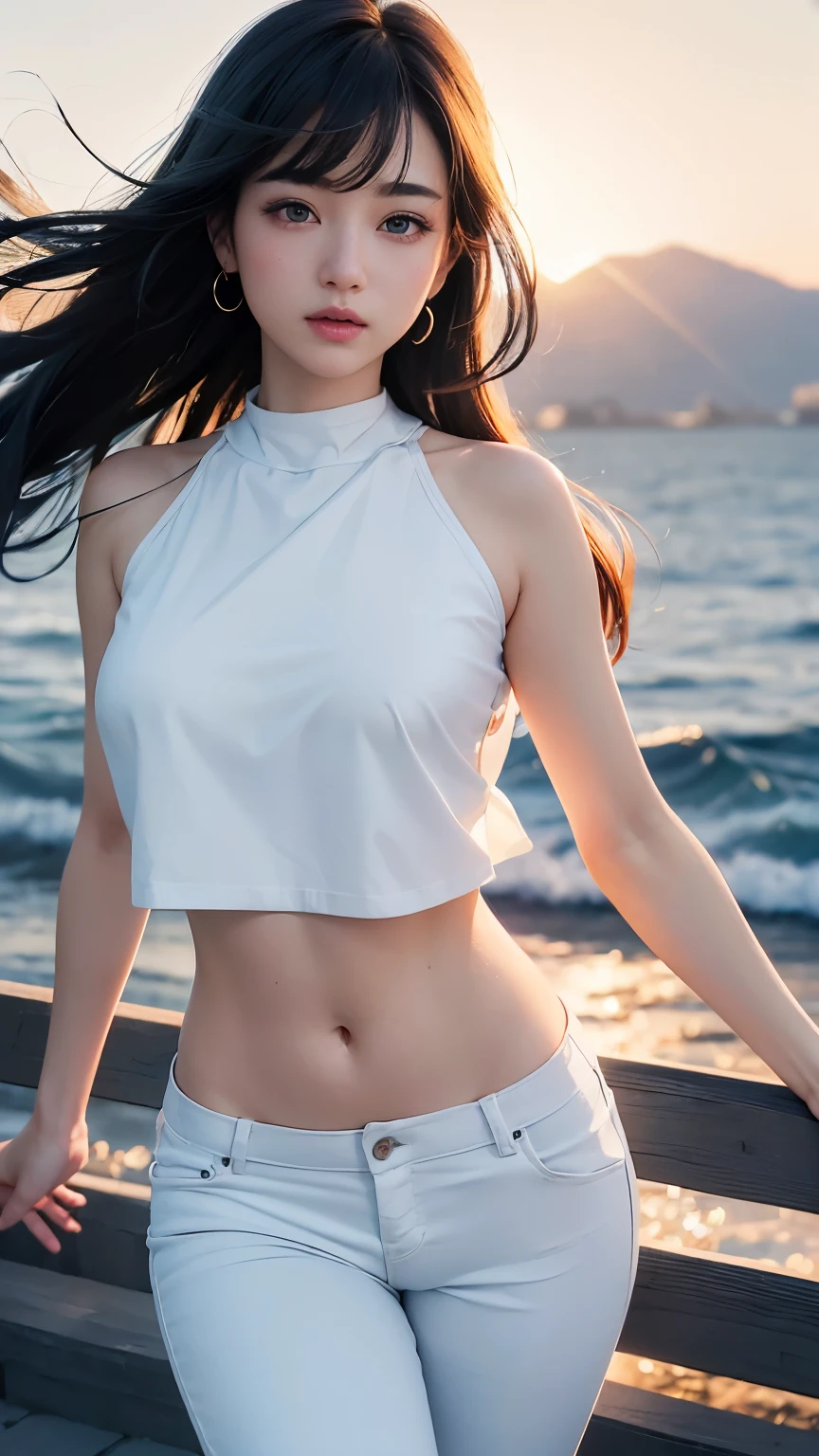 (logo、masterpiece、8k、Tabletop、RAW Photos、wonderful、最high quality、Photorealistic and Very detailed CG integrated 8k wallpaper、high quality、Very detailed、Narrative poem、Particle Effects、Dynamic Effects、Written boundary depth、Cinematic Light、Lens flare、Ray Tracing)、Fantasy、 (One beautiful woman、White Pants、White T-shirt、White tube top、White crop top、Black-haired、Beautiful Face、True Face、Beautiful details、eye、Beautiful Skin、Ultimate Body、glamorous)、私の髪はWindに舞う、Hair flutters in Wind、Hair bounces、Petals fluttering、wonderful scenery、sunrise、Sun in the background、Wind